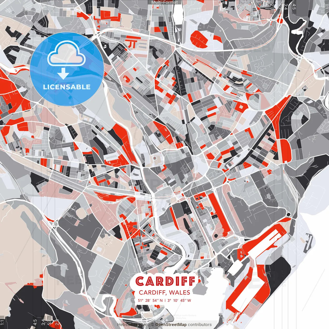 Cardiff, Cardiff, Wales - modern street map poster template with gray and red tones