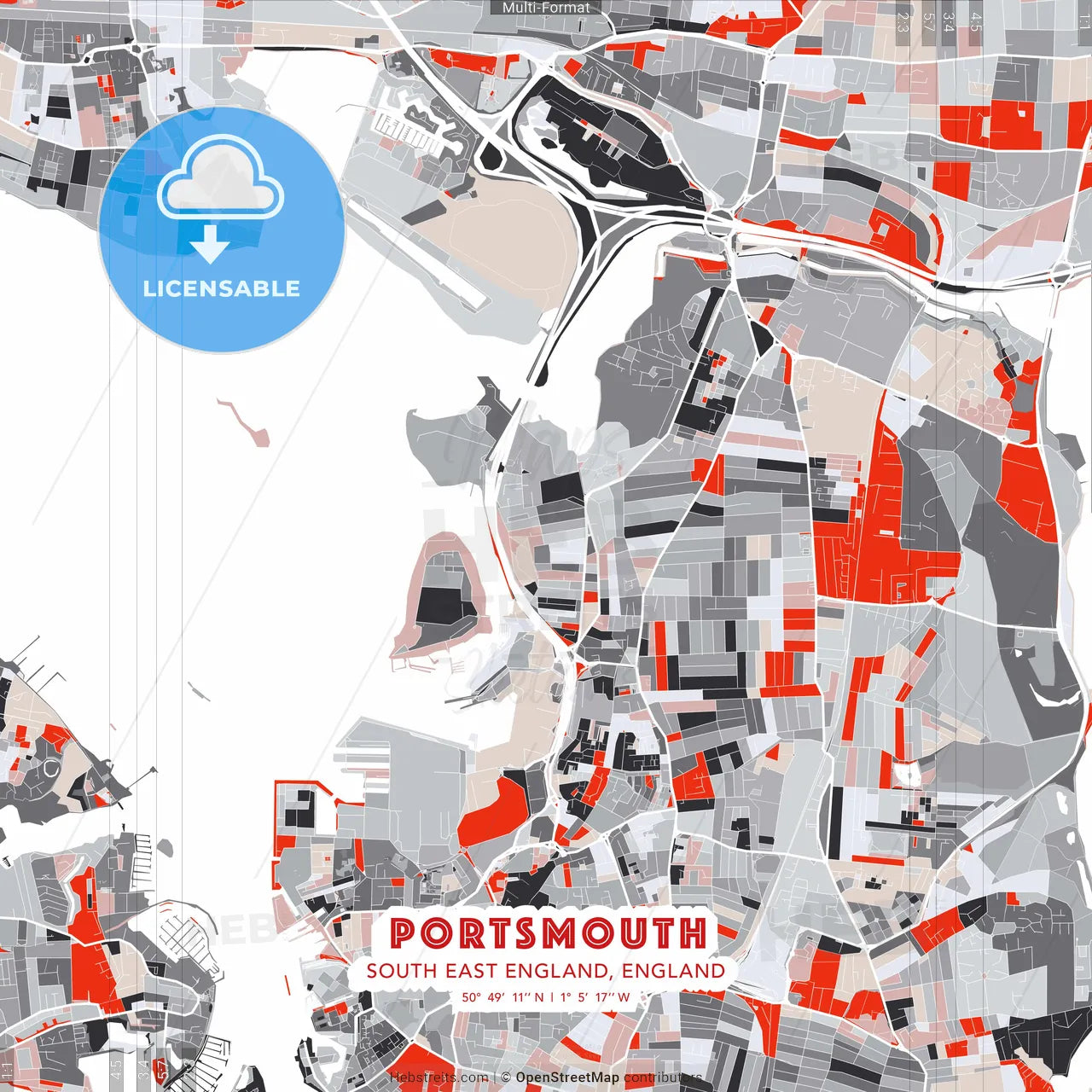 Portsmouth, South East England, England - modern street map poster template with gray and red tones