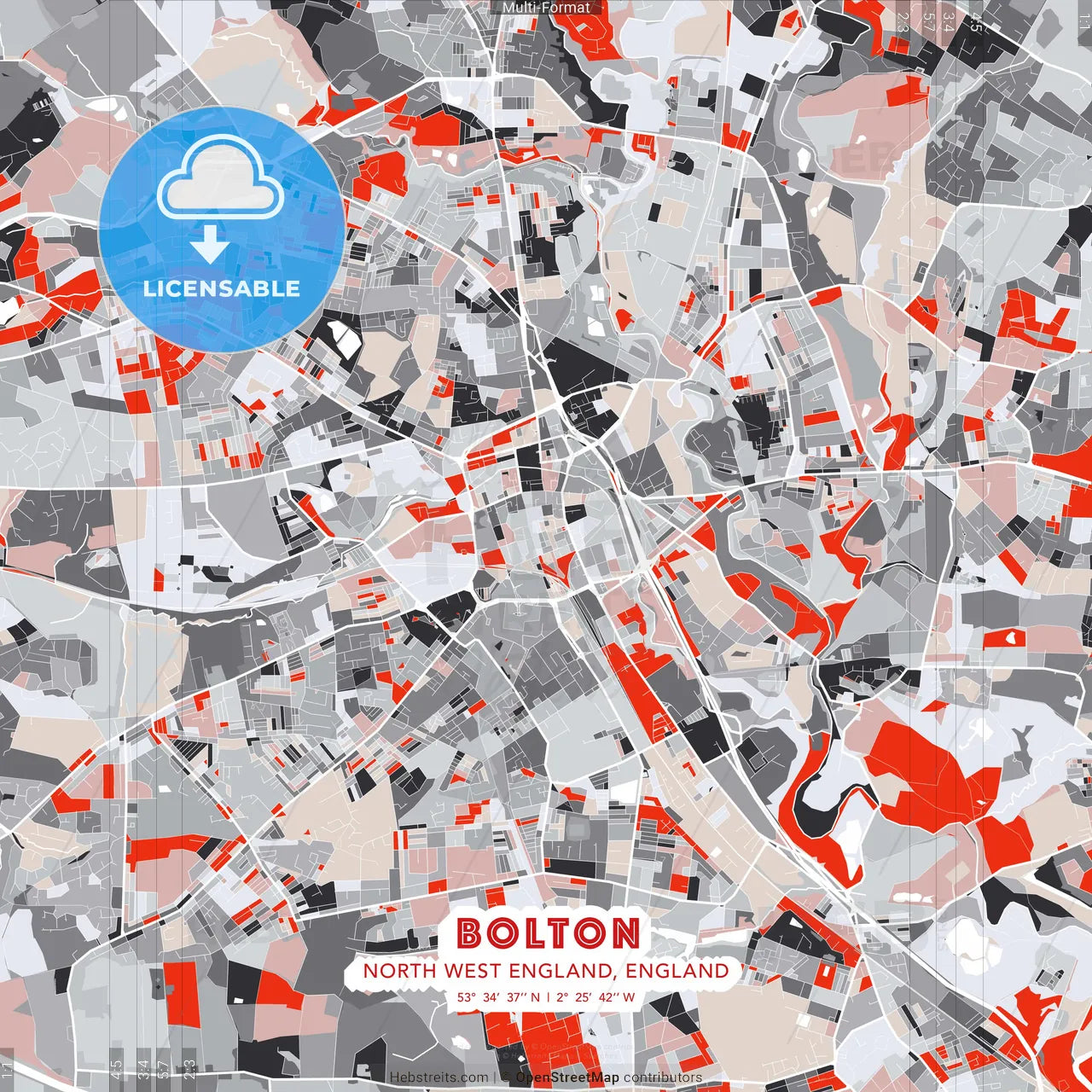 Bolton, North West England, England - modern street map poster template with gray and red tones