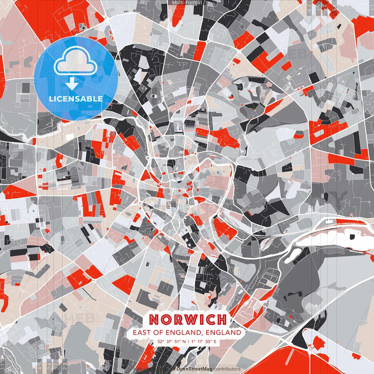 Norwich, East of England, England - modern street map poster template with gray and red tones