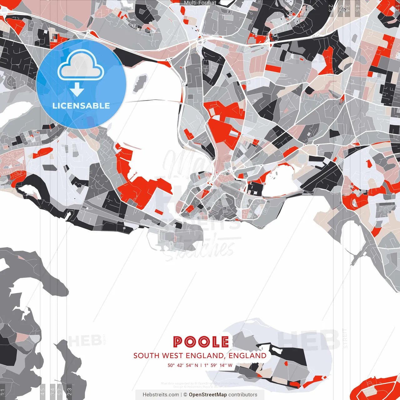 Poole, South West England, England - modern street map poster template with gray and red tones