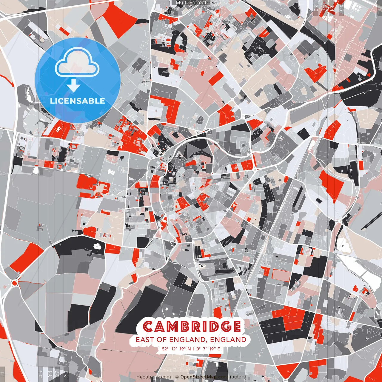 Cambridge, East of England, England - modern street map poster template with gray and red tones