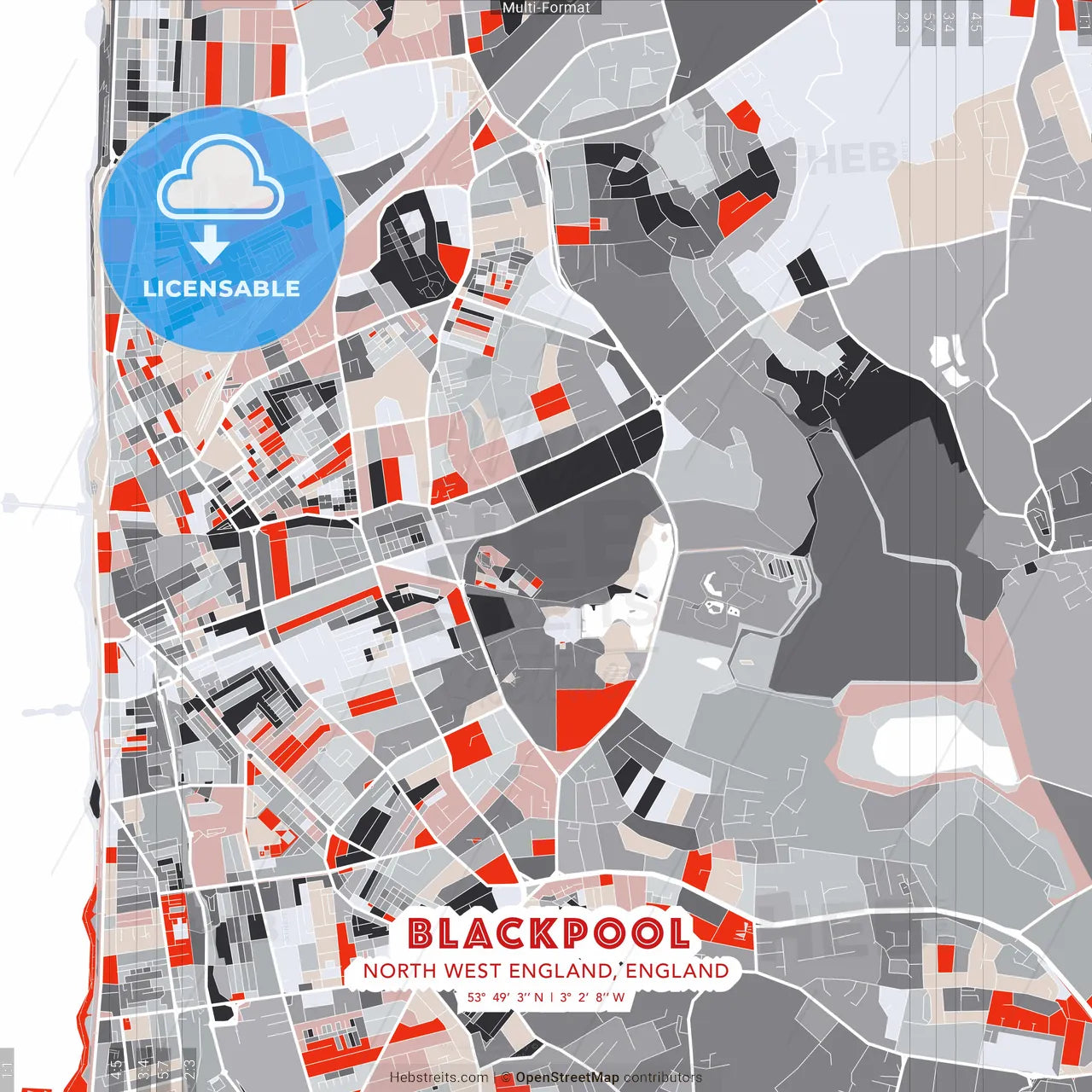 Blackpool, North West England, England - modern street map poster template with gray and red tones