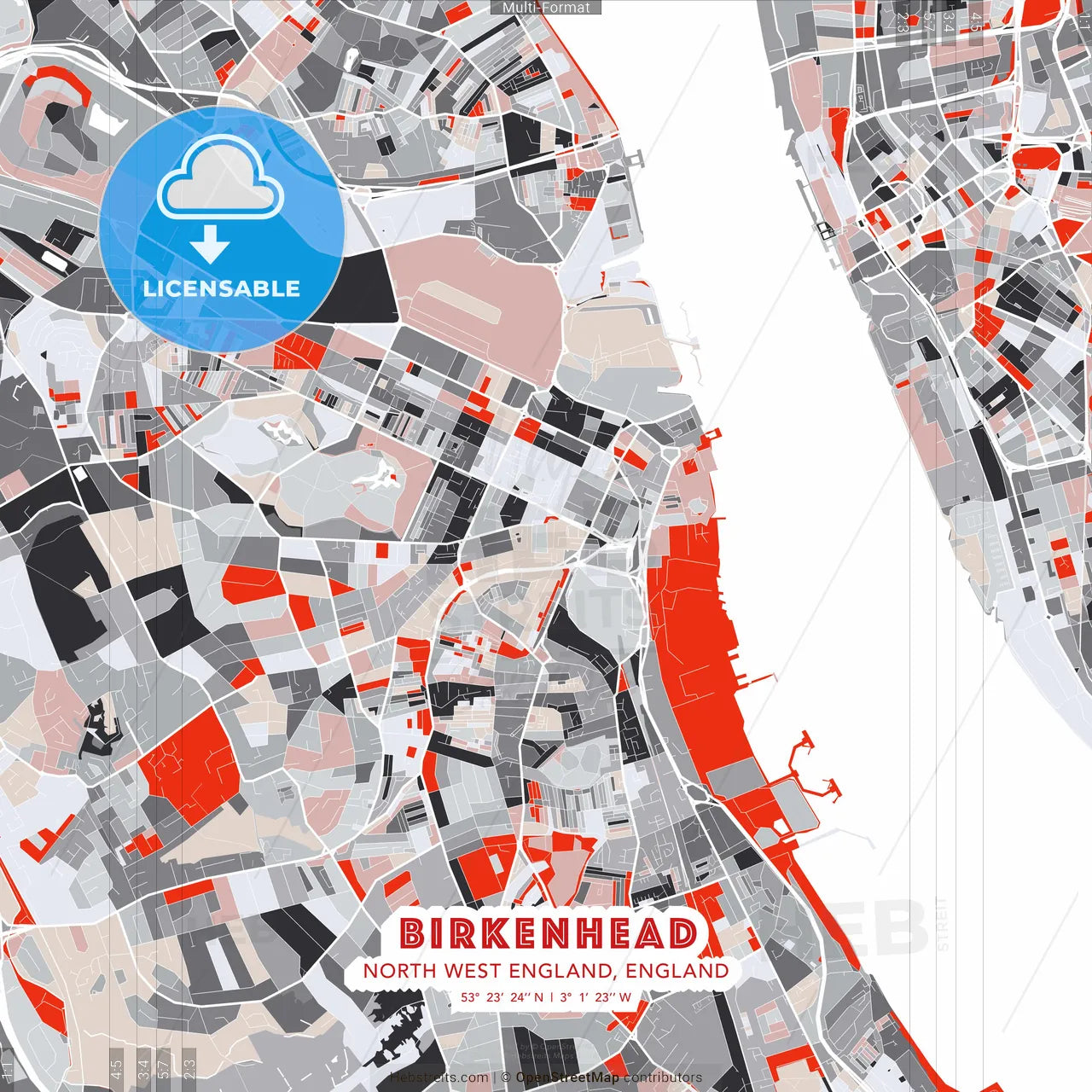 Birkenhead, North West England, England - modern street map poster template with gray and red tones