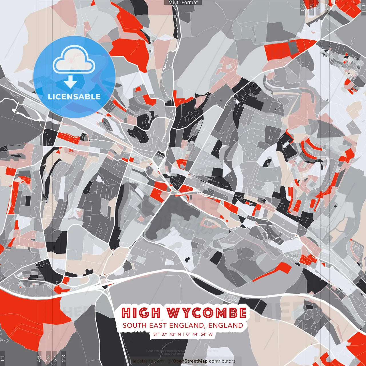 High Wycombe, South East England, England - modern street map poster template with gray and red tones