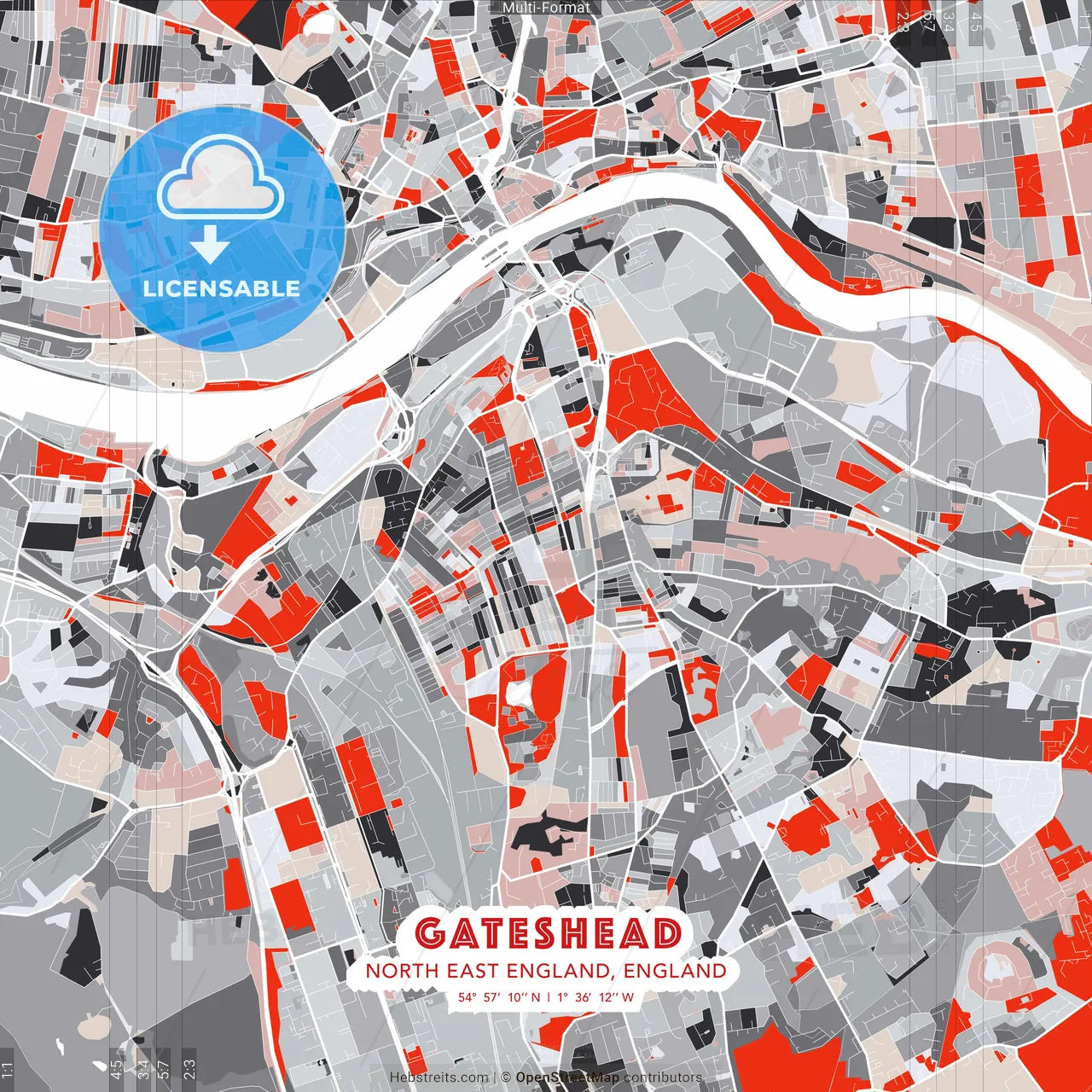 Gateshead, North East England, England - modern street map poster template with gray and red tones