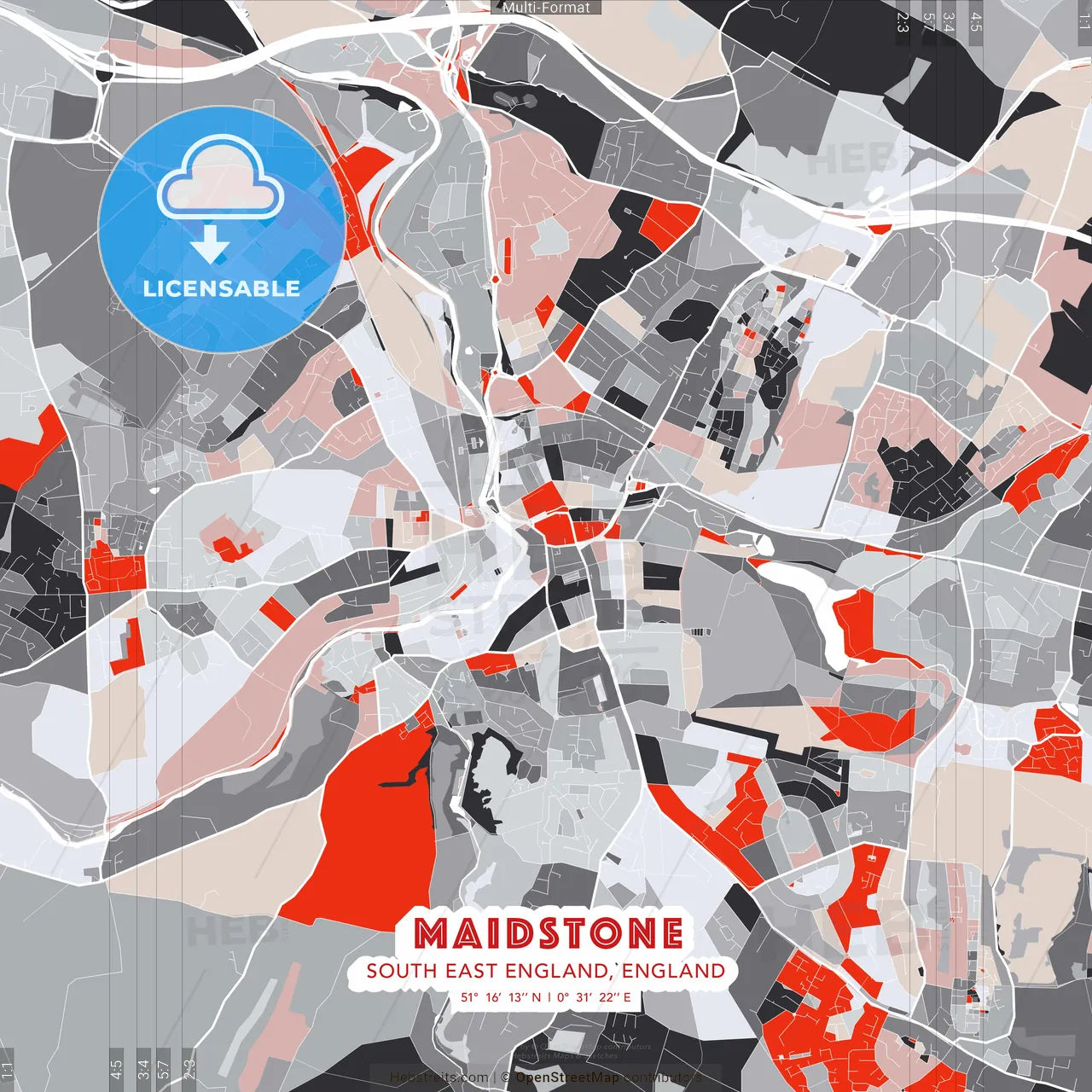 Maidstone, South East England, England - modern street map poster template with gray and red tones
