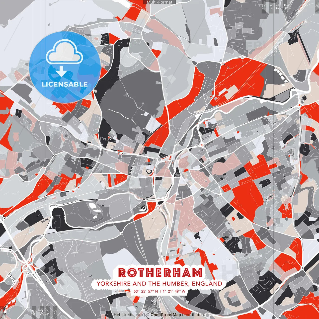 Rotherham, Yorkshire and the Humber, England - modern street map poster template with gray and red tones