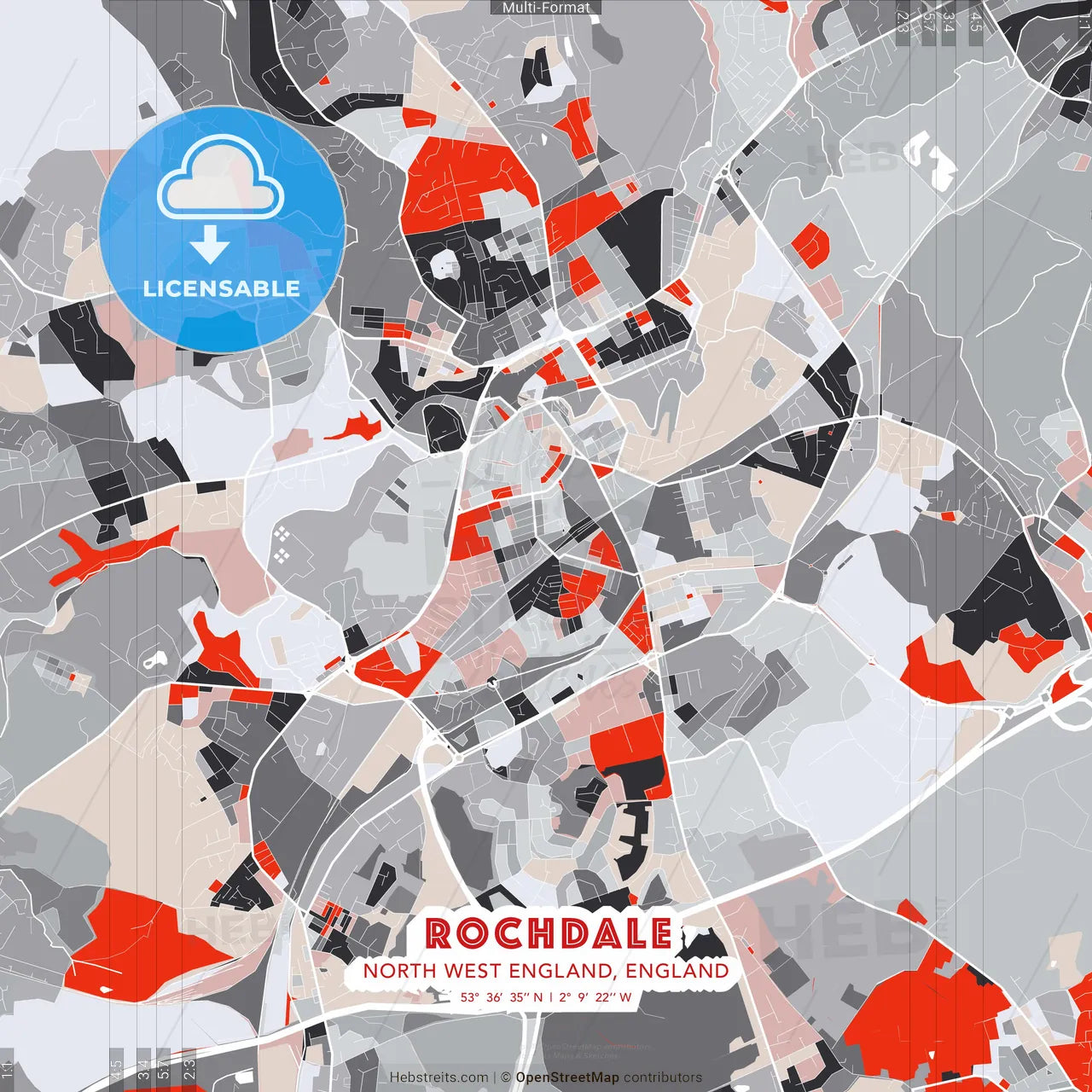 Rochdale, North West England, England - modern street map poster template with gray and red tones