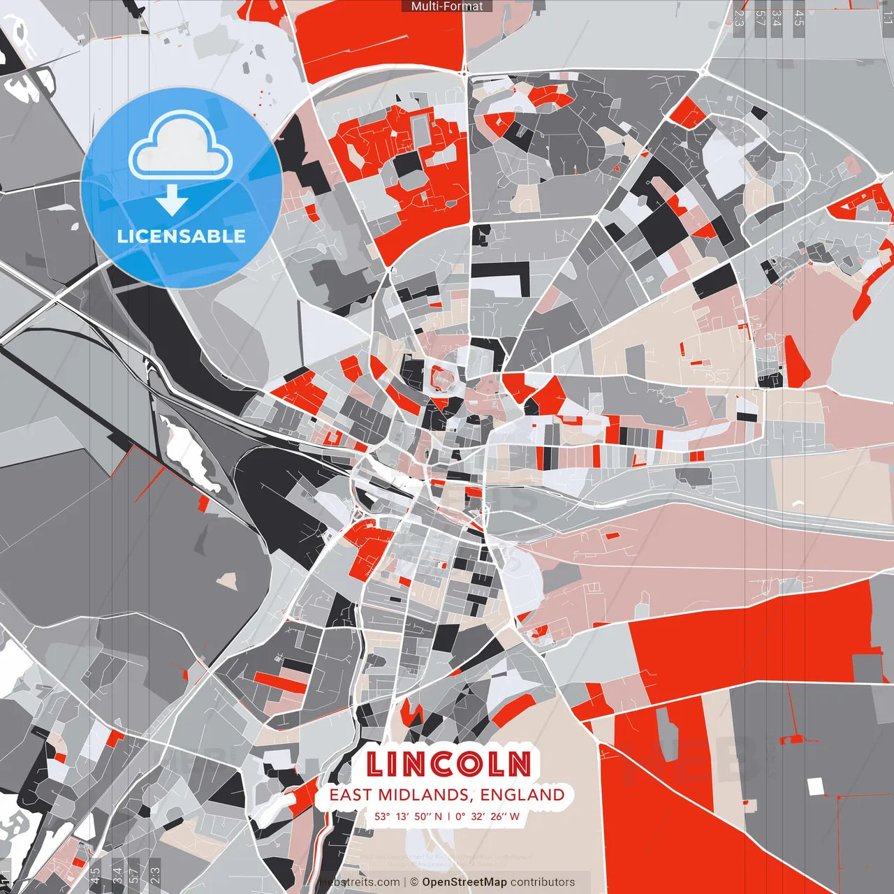 Lincoln, East Midlands, England - modern street map poster template with gray and red tones