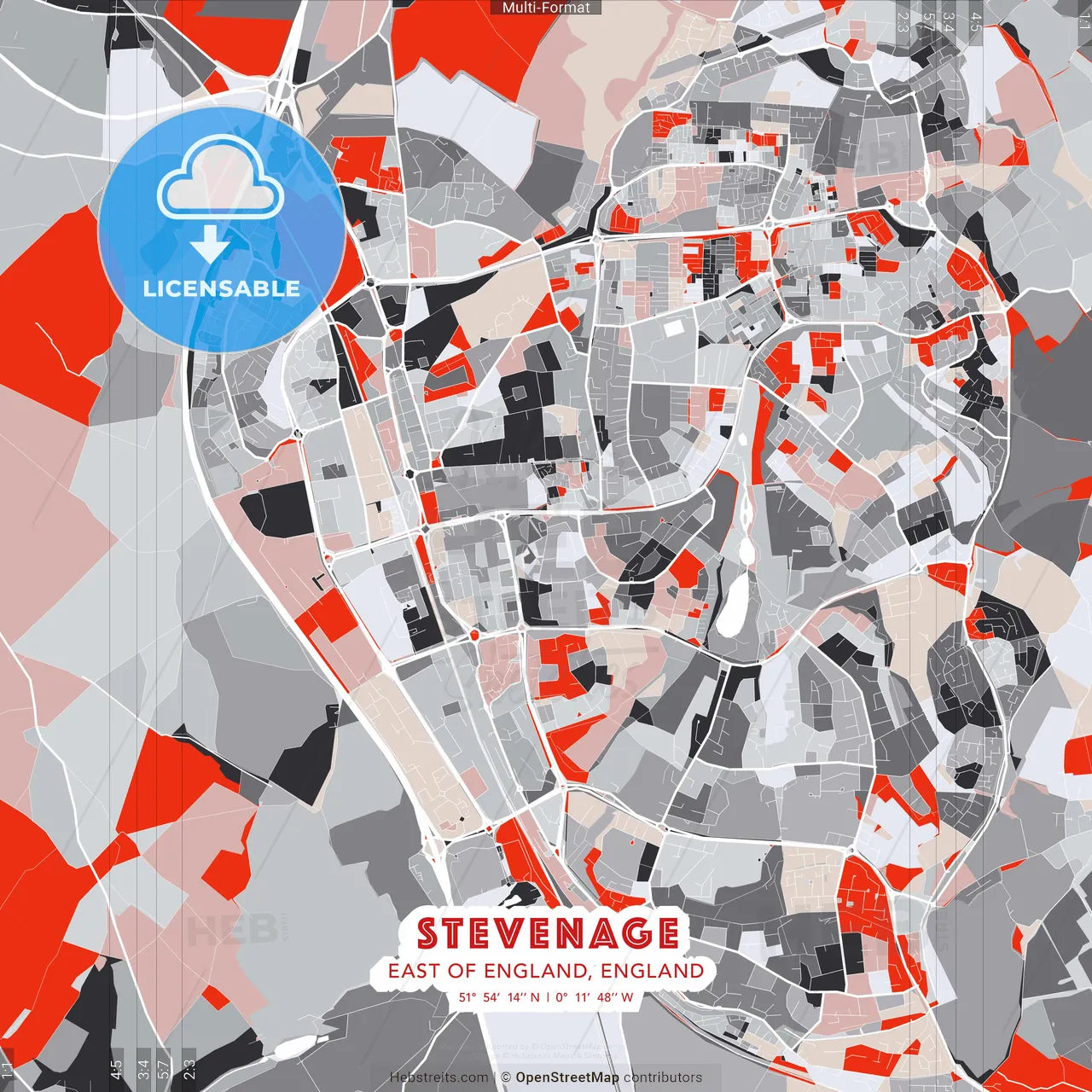 Stevenage, East of England, England - modern street map poster template with gray and red tones