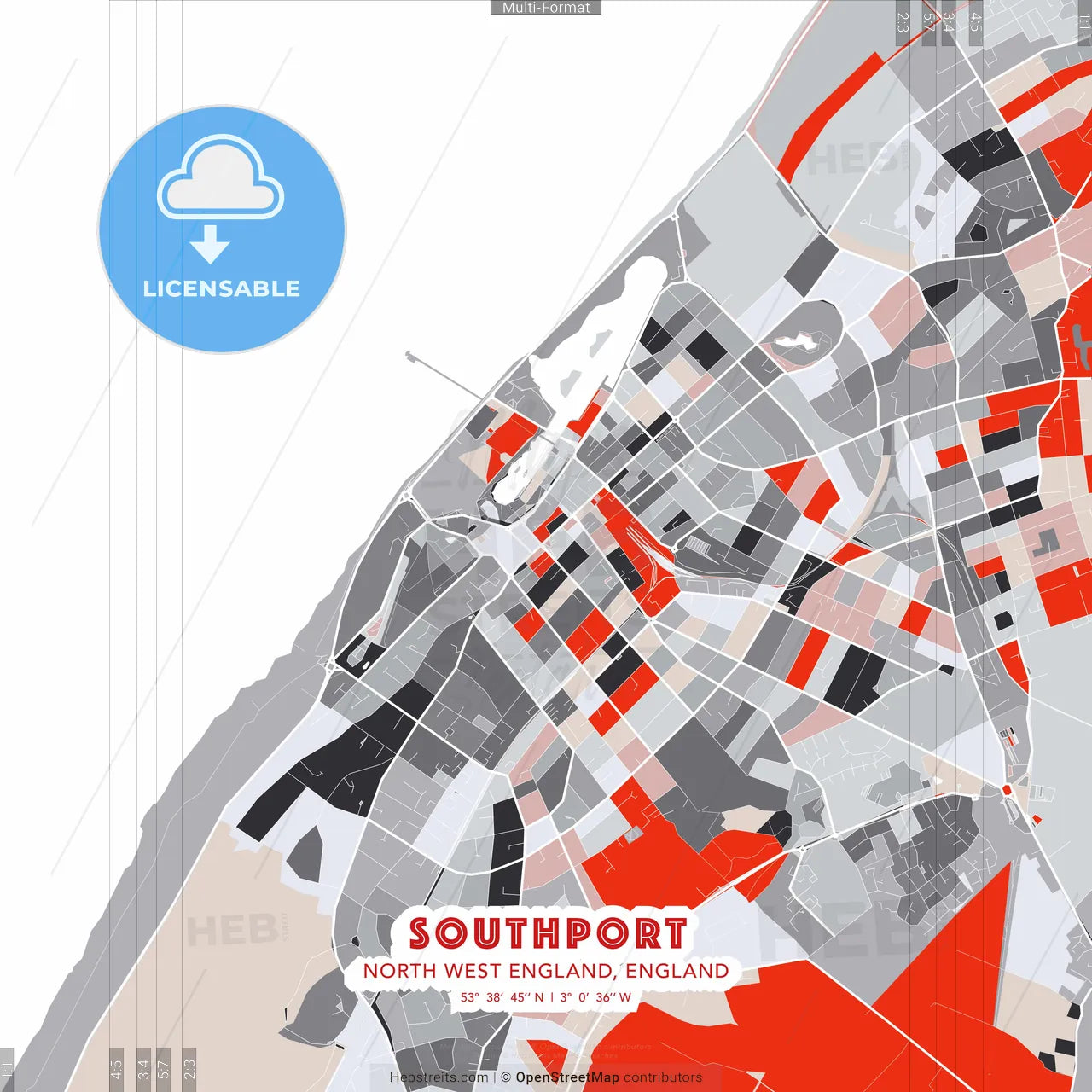 Southport, North West England, England - modern street map poster template with gray and red tones