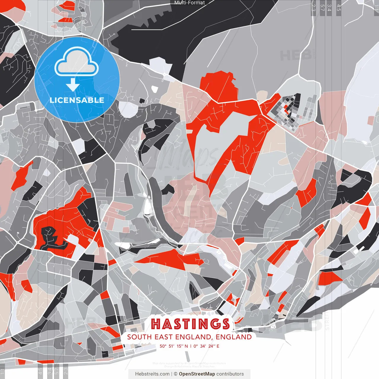 Hastings, South East England, England - modern street map poster template with gray and red tones