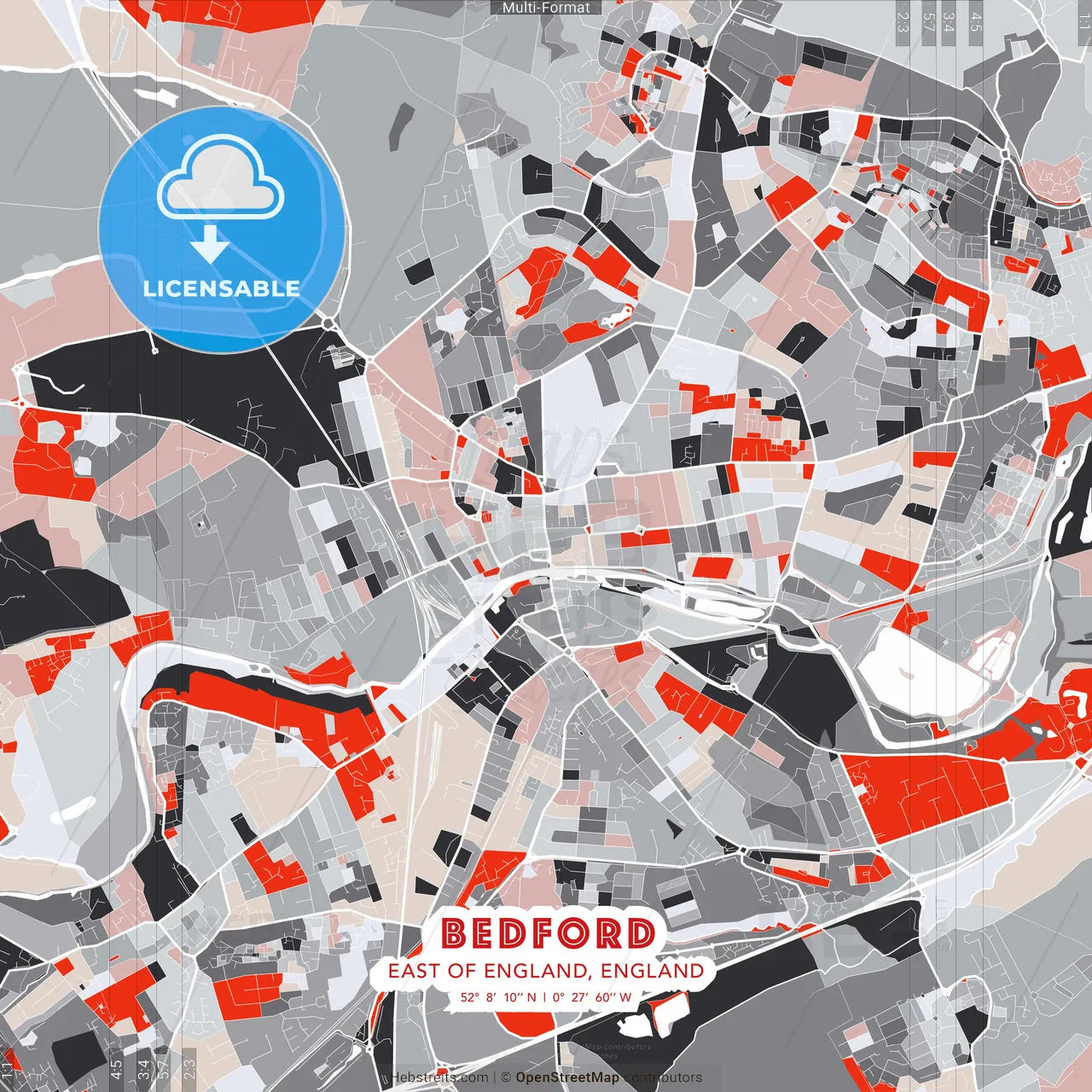 Bedford, East of England, England - modern street map poster template with gray and red tones
