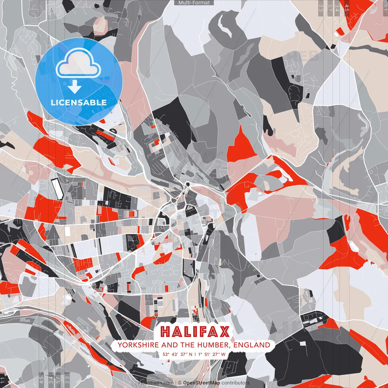 Halifax, Yorkshire and the Humber, England - modern street map poster template with gray and red tones
