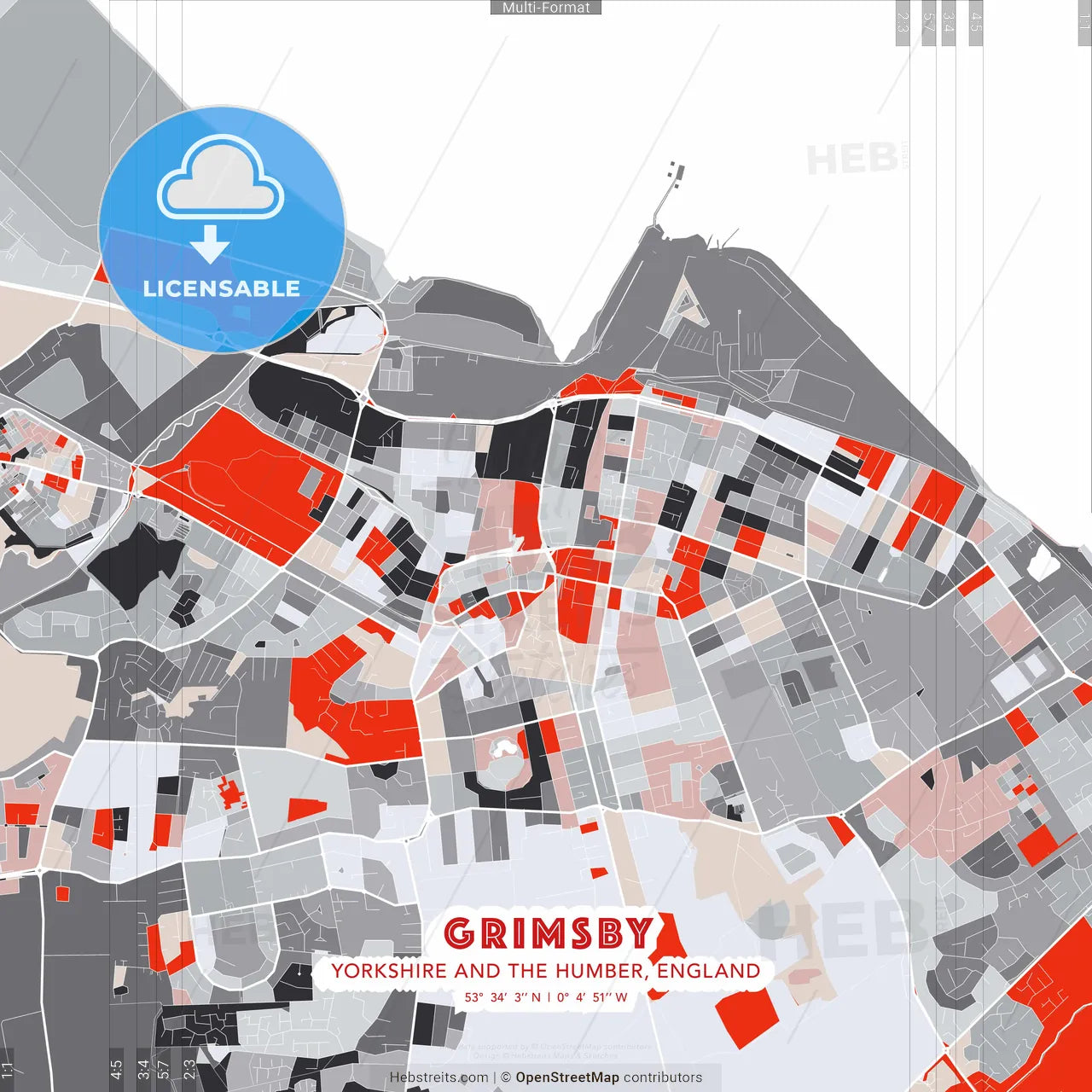 Grimsby, Yorkshire and the Humber, England - modern street map poster template with gray and red tones