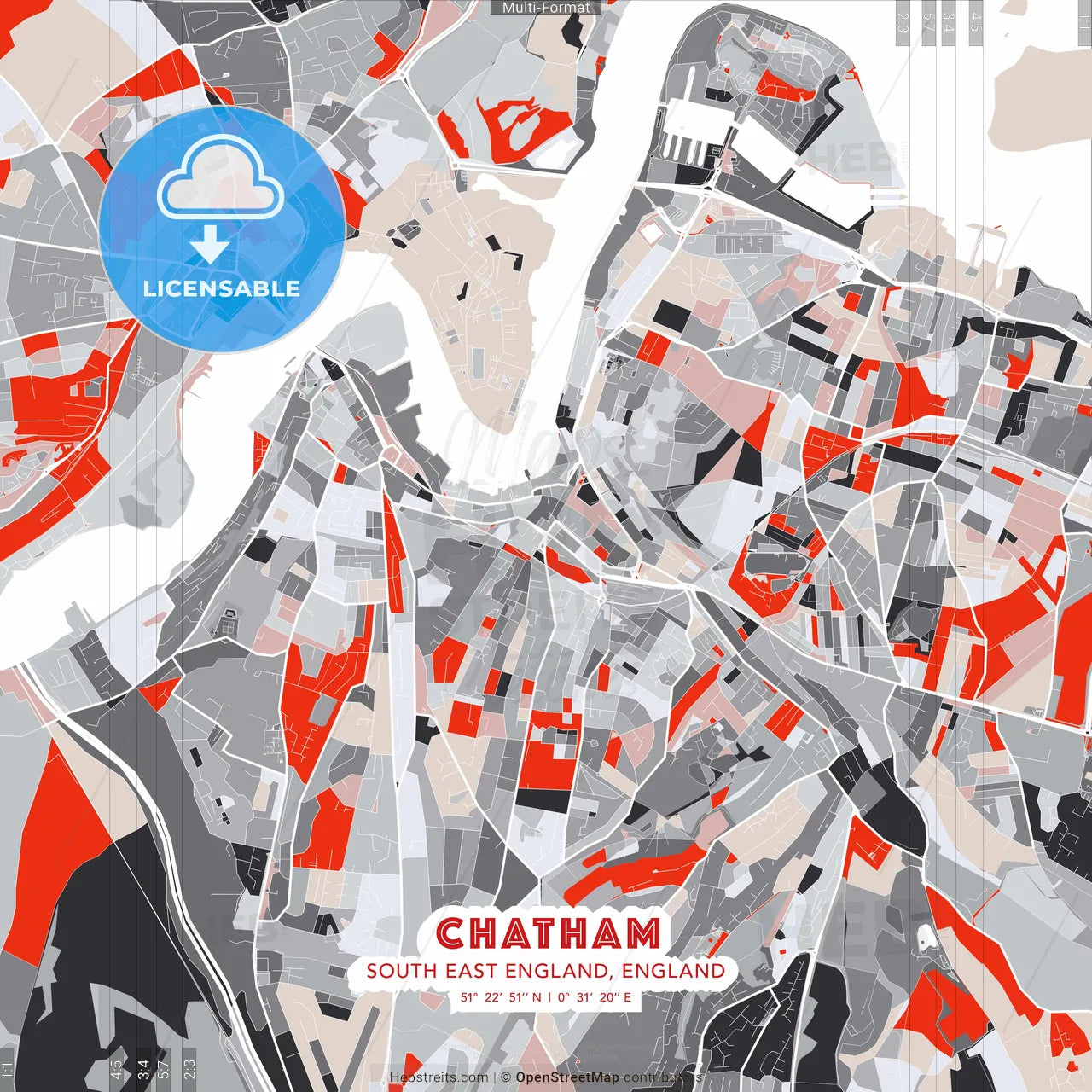 Chatham, South East England, England - modern street map poster template with gray and red tones