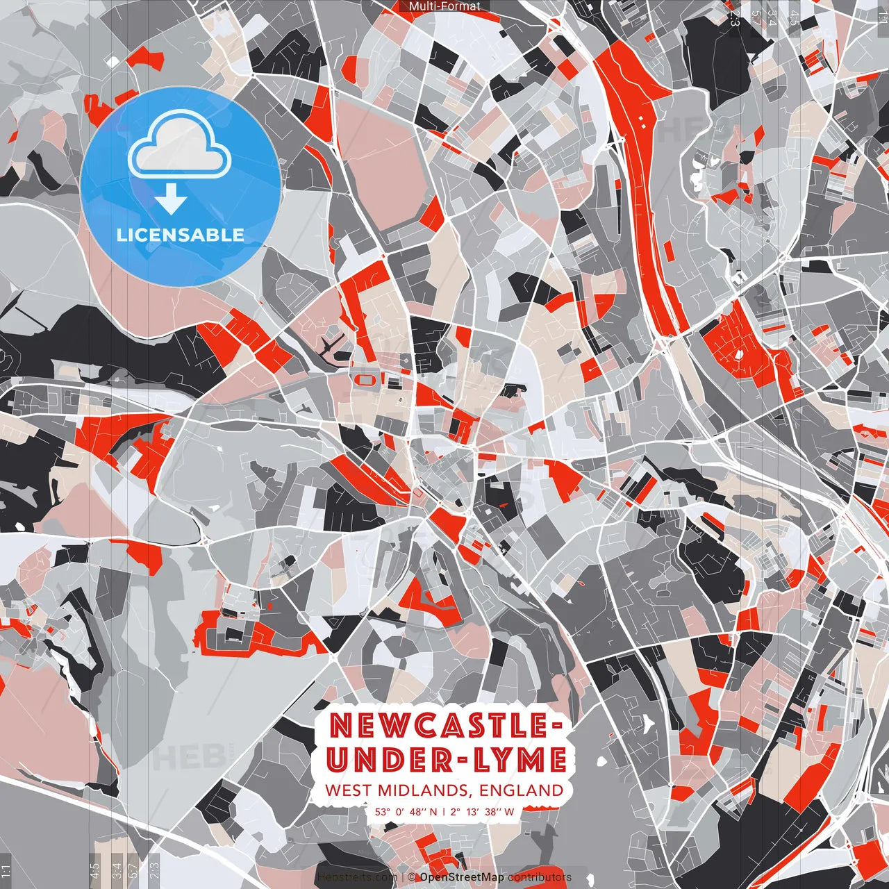 Newcastle-under-Lyme, West Midlands, England - modern street map poster template with gray and red tones