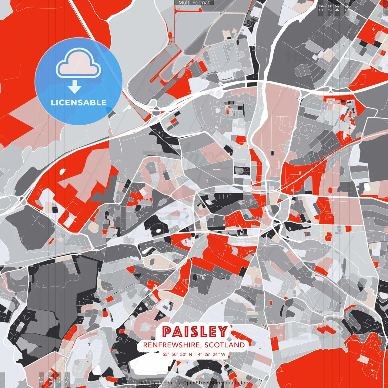 Paisley, Renfrewshire, Scotland - modern street map poster template with gray and red tones
