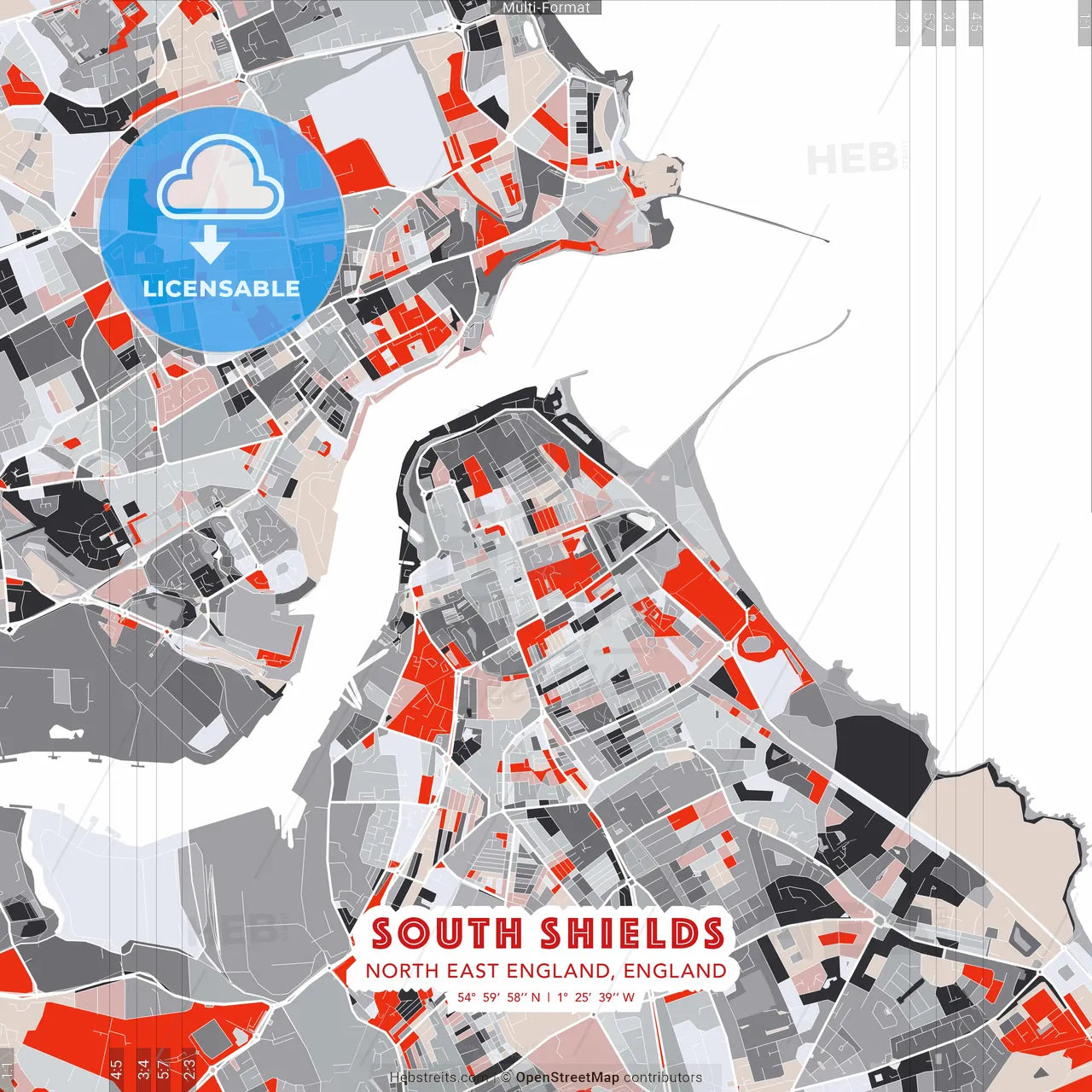 South Shields, North East England, England - modern street map poster template with gray and red tones