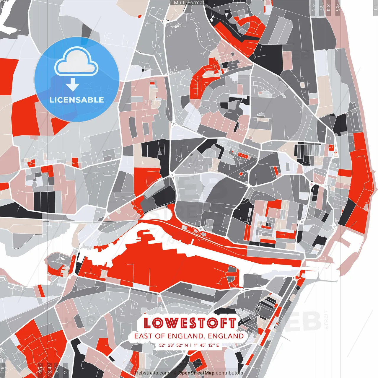Lowestoft, East of England, England - modern street map poster template with gray and red tones
