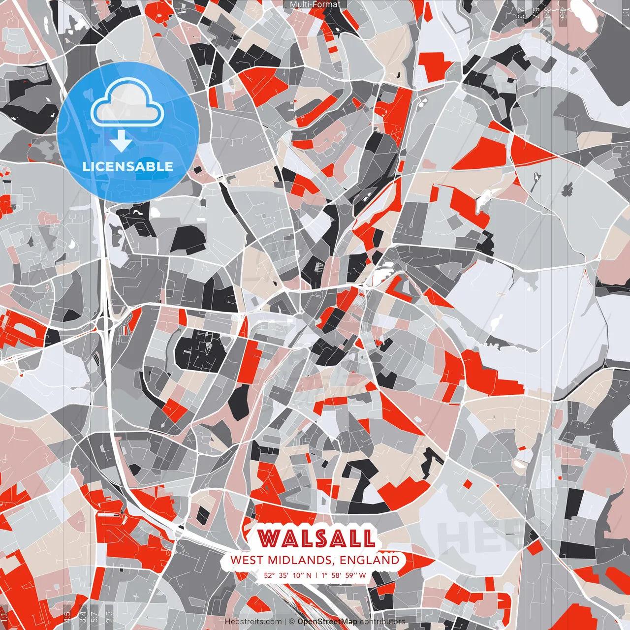 Walsall, West Midlands, England - modern street map poster template with gray and red tones
