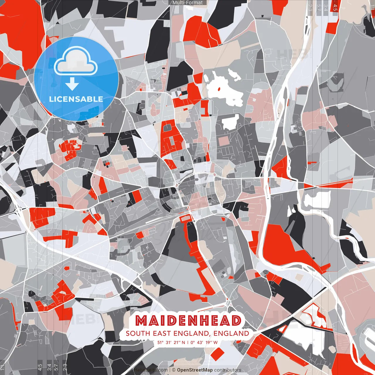 Maidenhead, South East England, England - modern street map poster template with gray and red tones