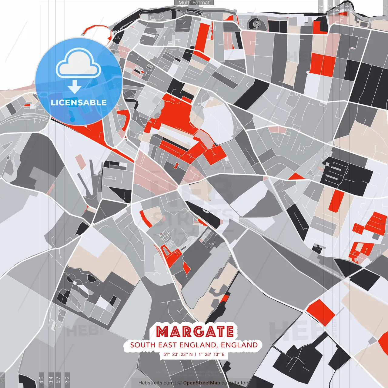 Margate, South East England, England - modern street map poster template with gray and red tones