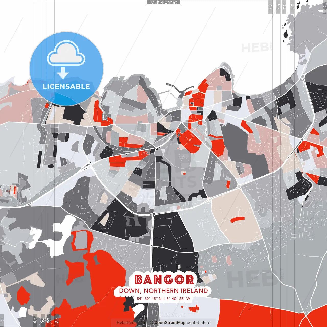 Bangor, Down, Northern Ireland - modern street map poster template with gray and red tones