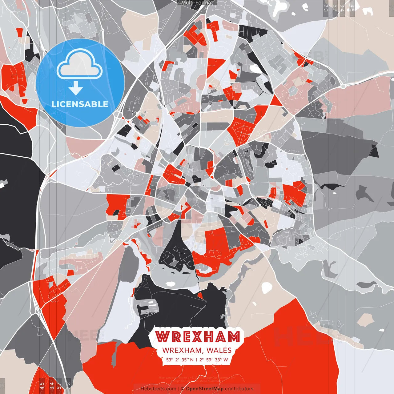 Wrexham, Wrexham, Wales - modern street map poster template with gray and red tones