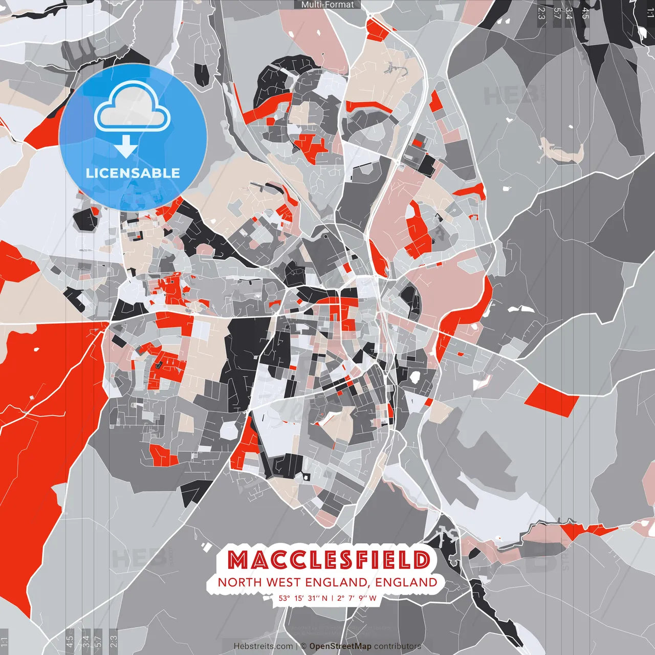 Macclesfield, North West England, England - modern street map poster template with gray and red tones