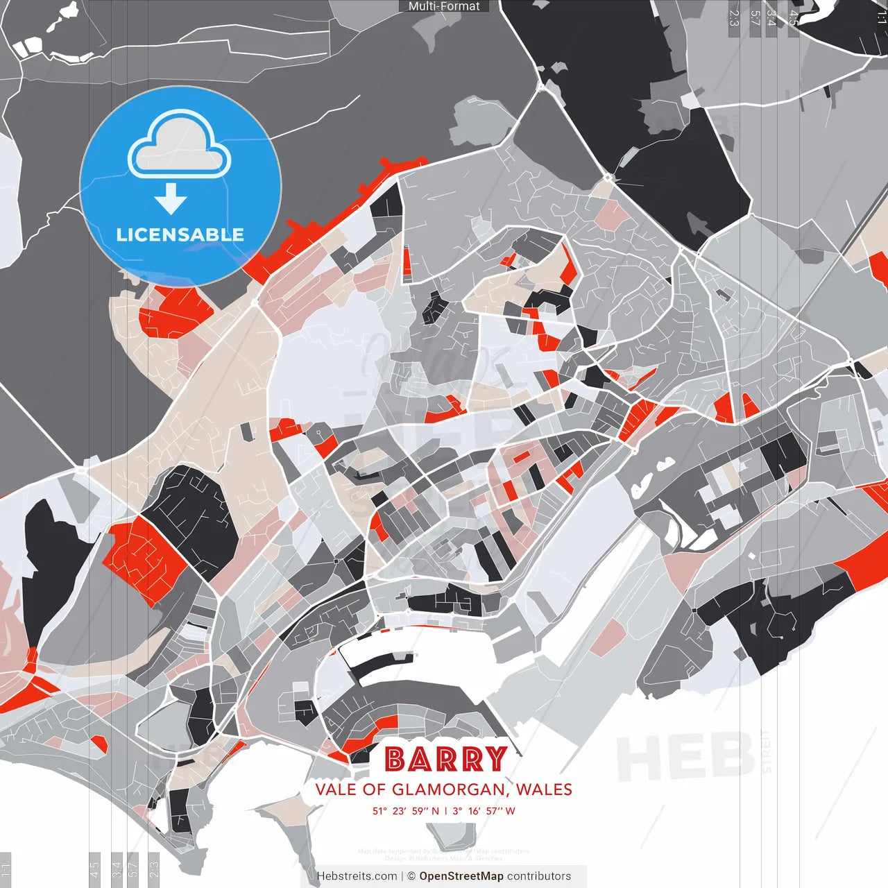 Barry, Vale of Glamorgan, Wales - modern street map poster template with gray and red tones
