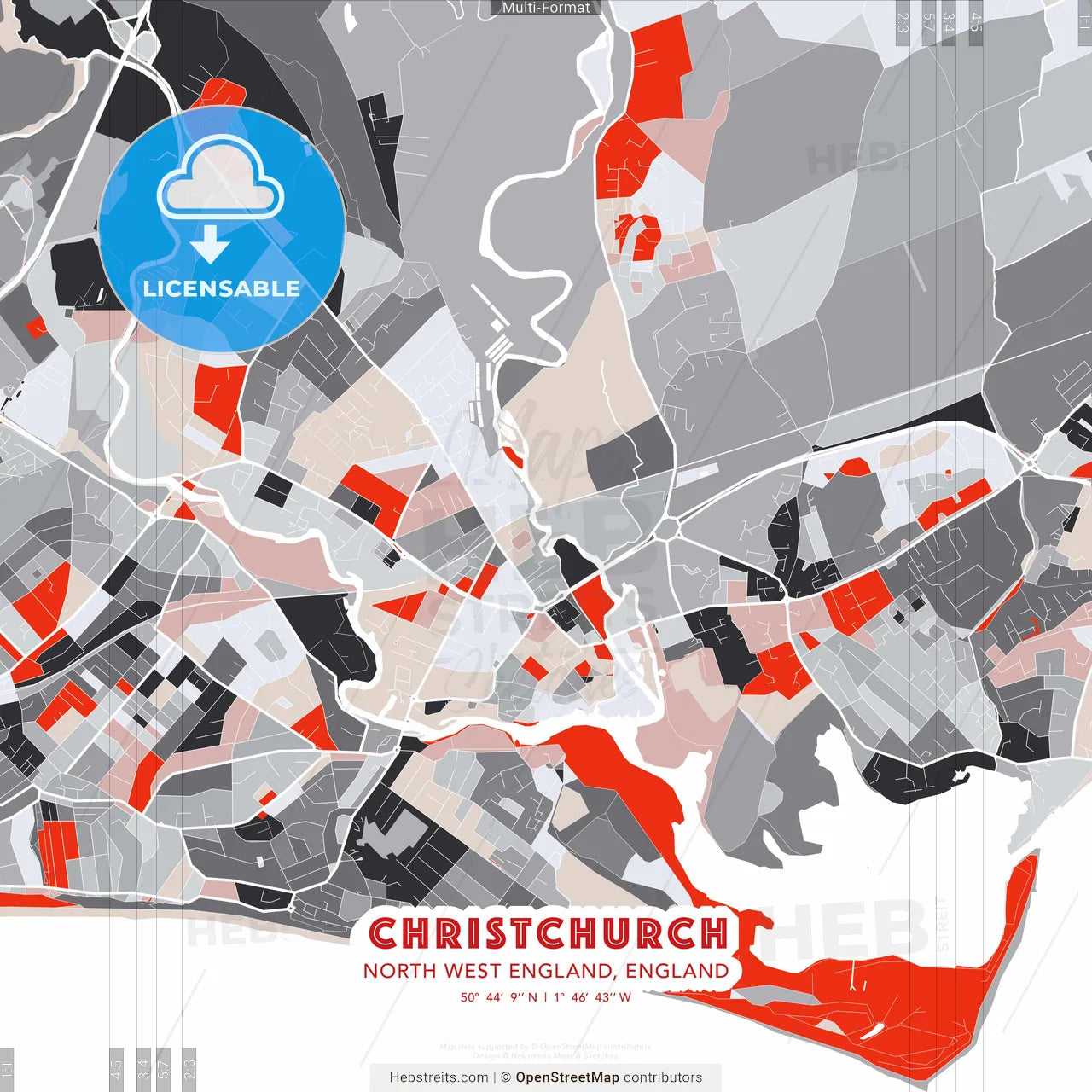 Christchurch, North West England, England - modern street map poster template with gray and red tones