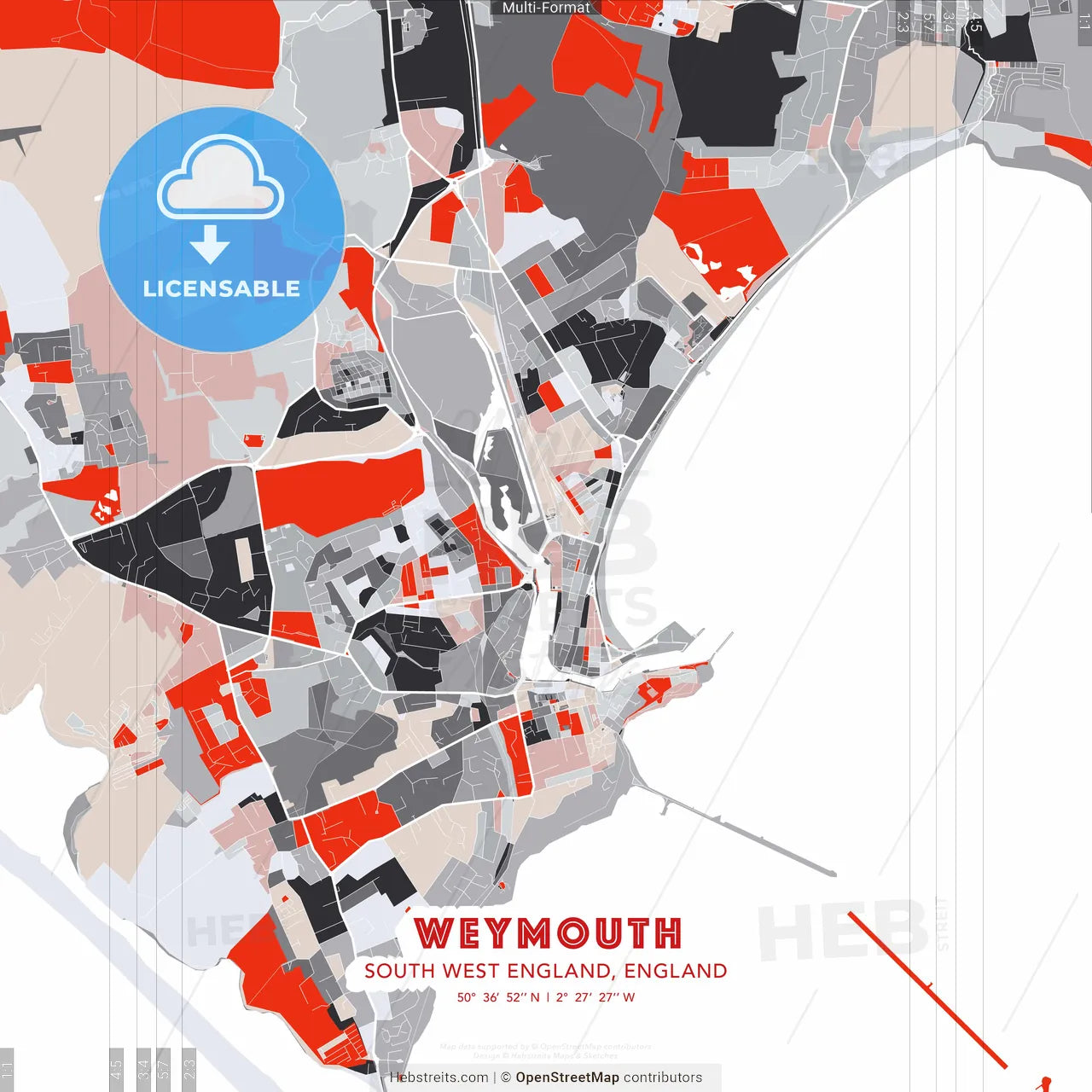 Weymouth, South West England, England - modern street map poster template with gray and red tones