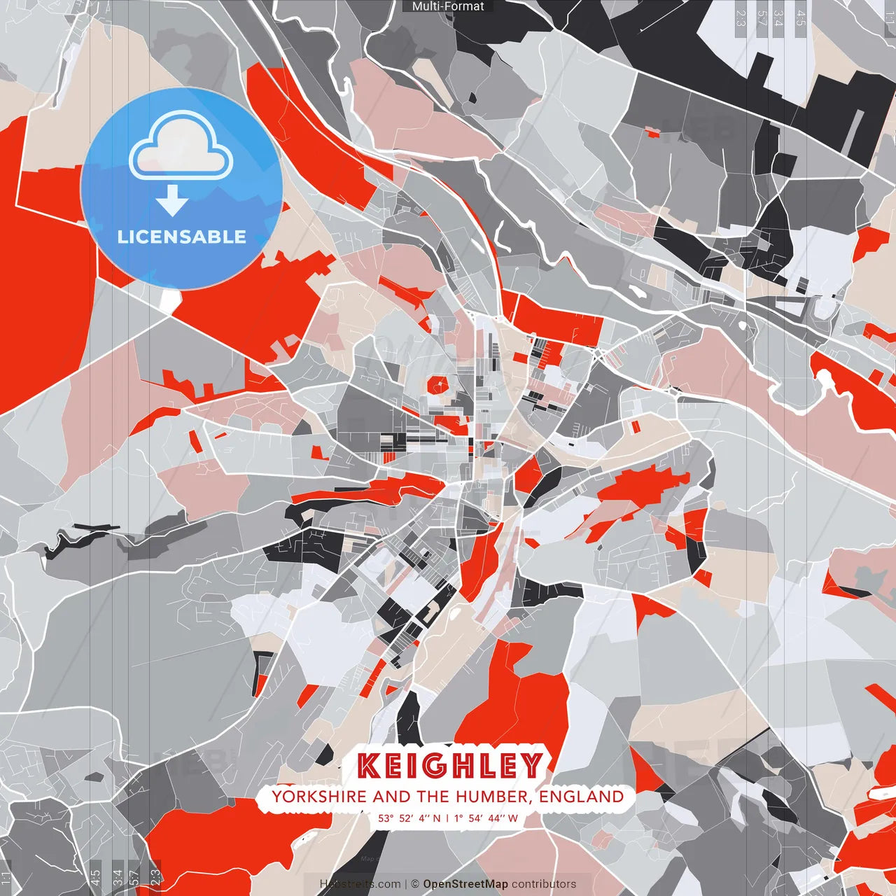 Keighley, Yorkshire and the Humber, England - modern street map poster template with gray and red tones