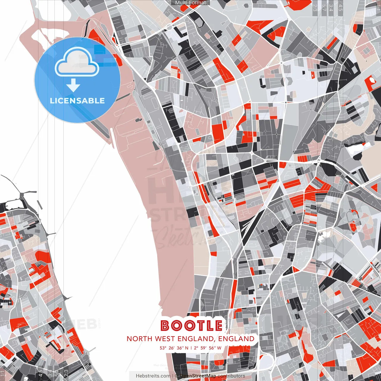 Bootle, North West England, England - modern street map poster template with gray and red tones