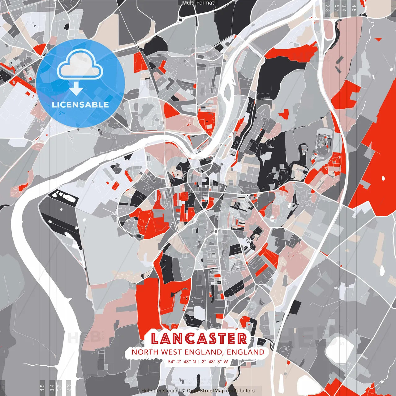 Lancaster, North West England, England - modern street map poster template with gray and red tones