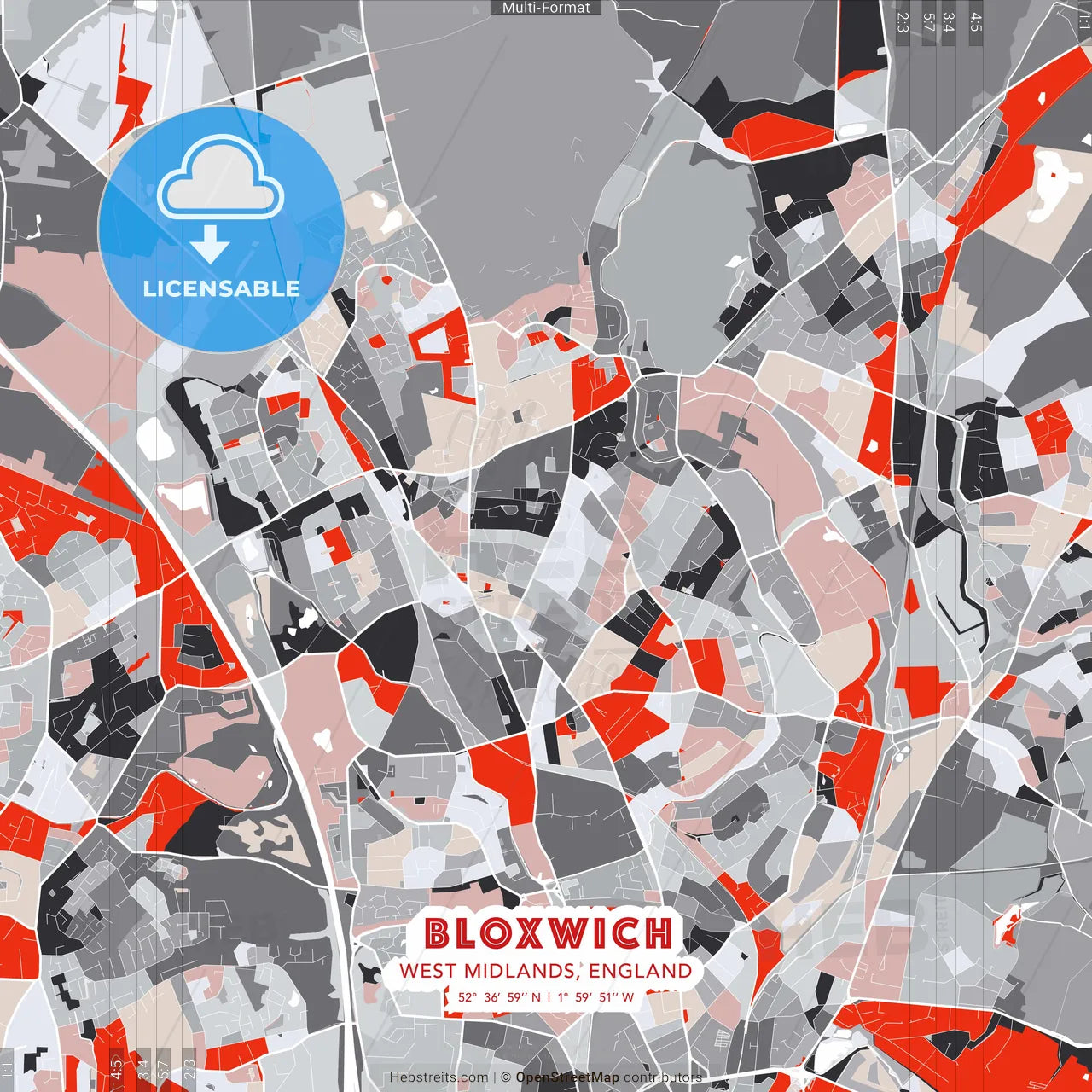 Bloxwich, West Midlands, England - modern street map poster template with gray and red tones