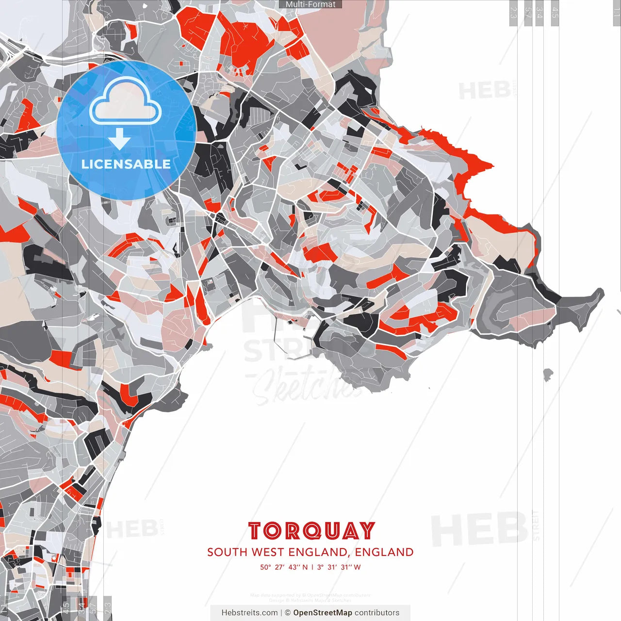 Torquay, South West England, England - modern street map poster template with gray and red tones