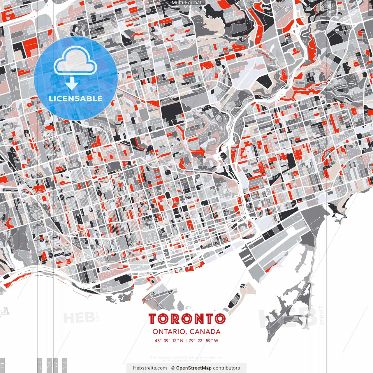 Toronto, Ontario, Canada - modern street map poster template with gray and red tones