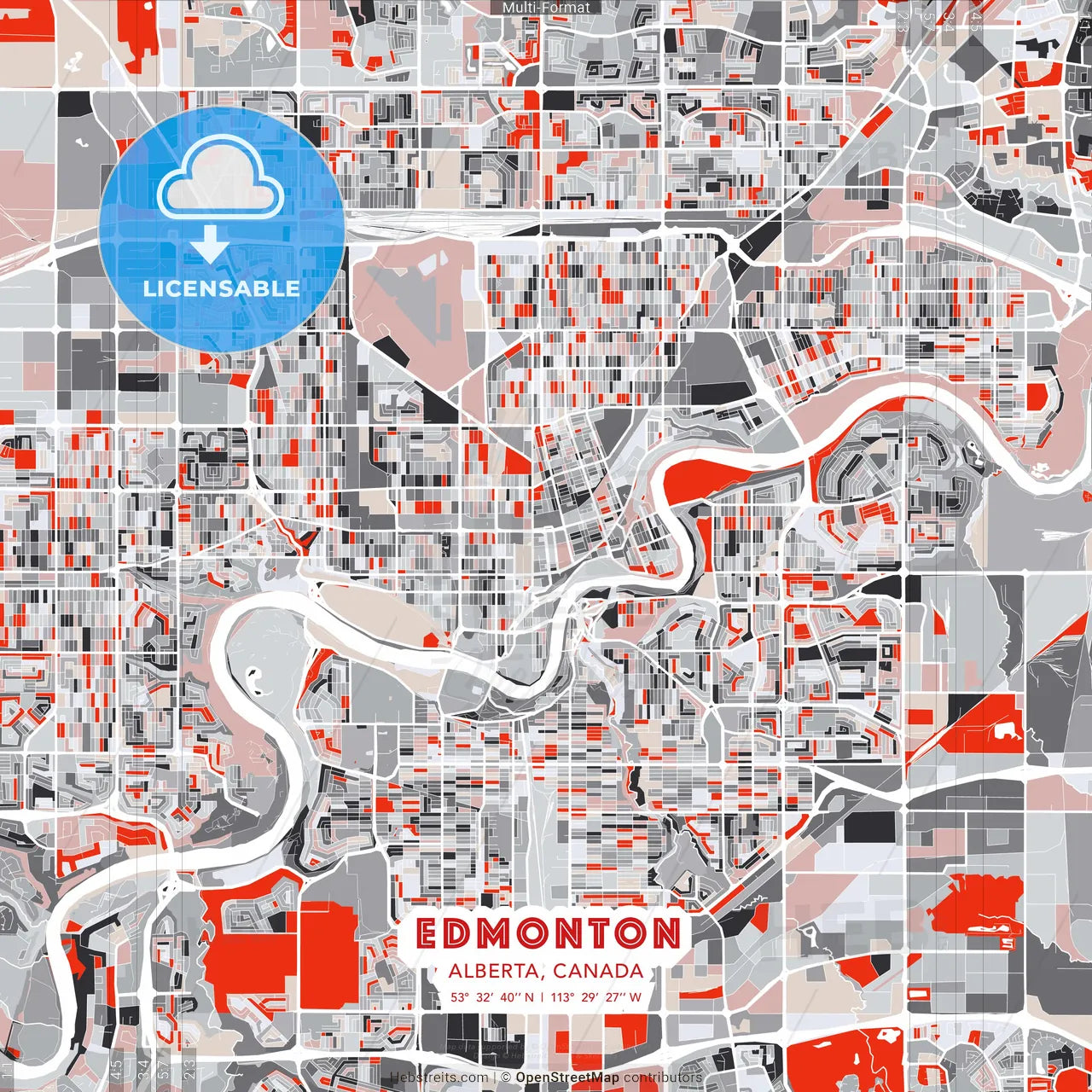 Edmonton, Alberta, Canada - modern street map poster template with gray and red tones