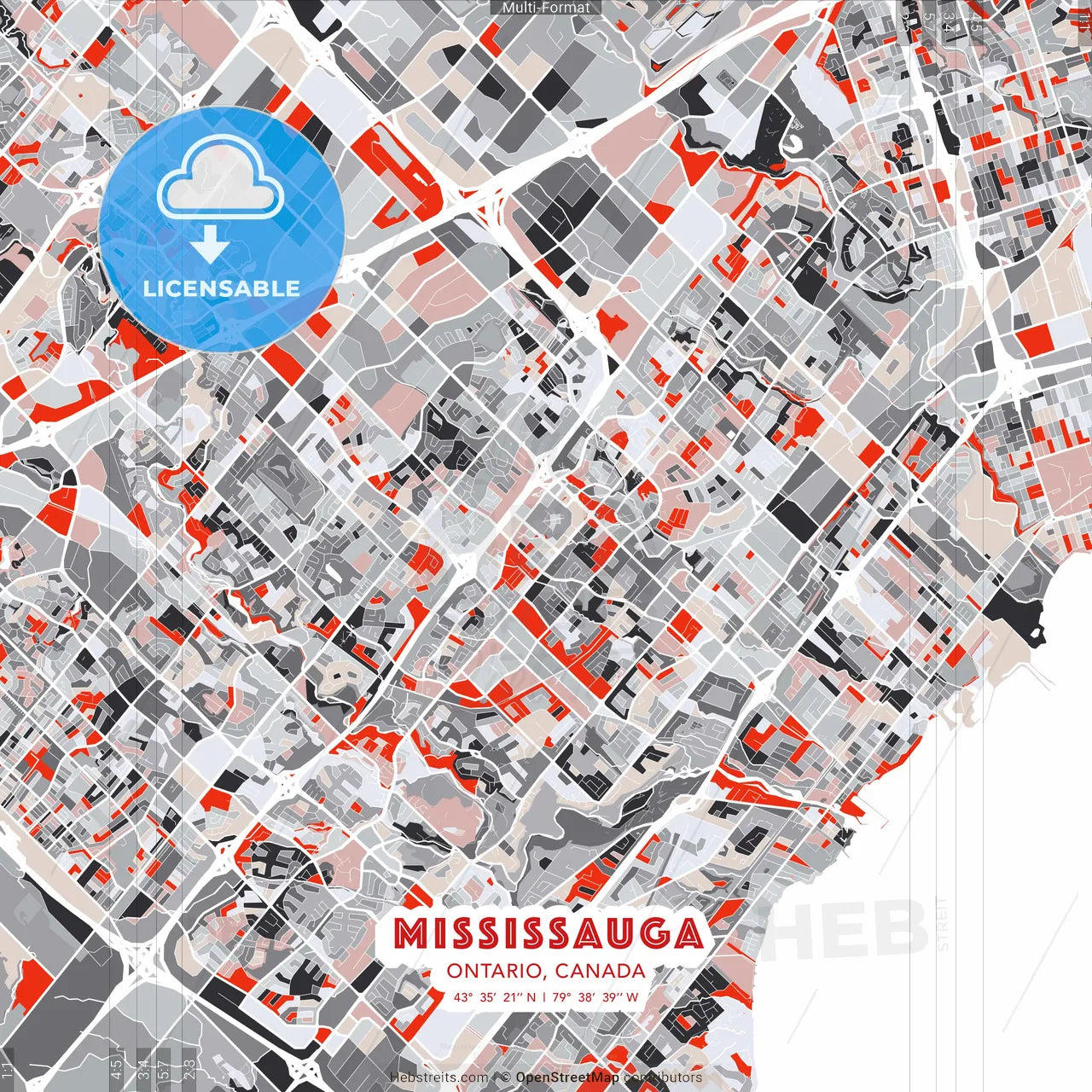 Mississauga, Ontario, Canada - modern street map poster template with gray and red tones
