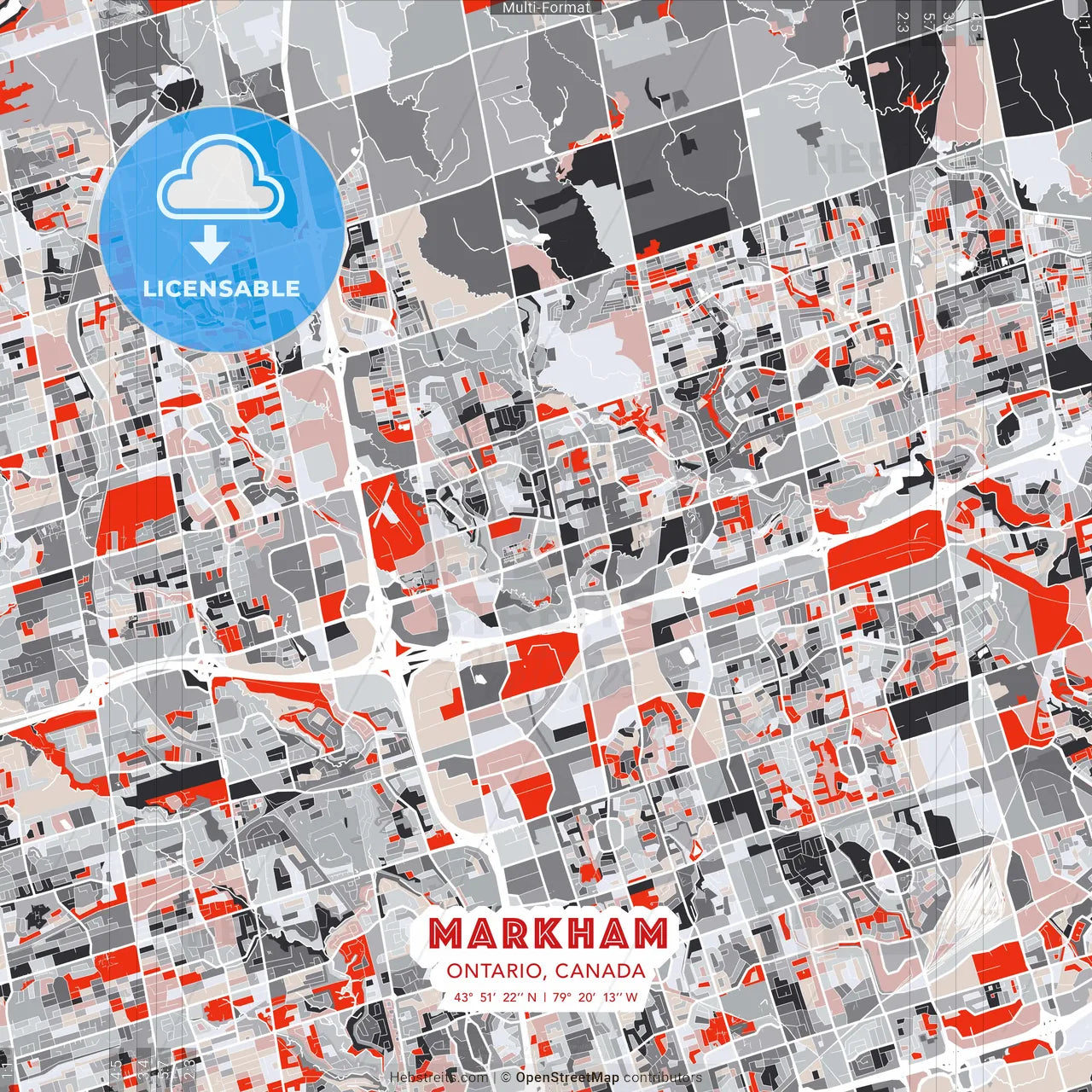 Markham, Ontario, Canada - modern street map poster template with gray and red tones