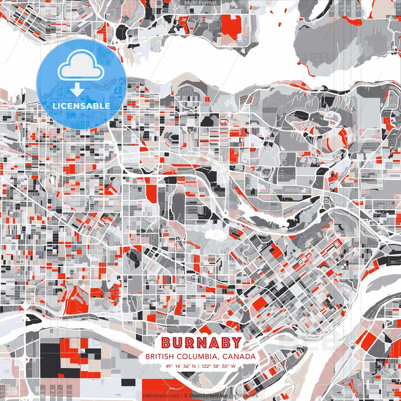 Burnaby, British Columbia, Canada - modern street map poster template with gray and red tones