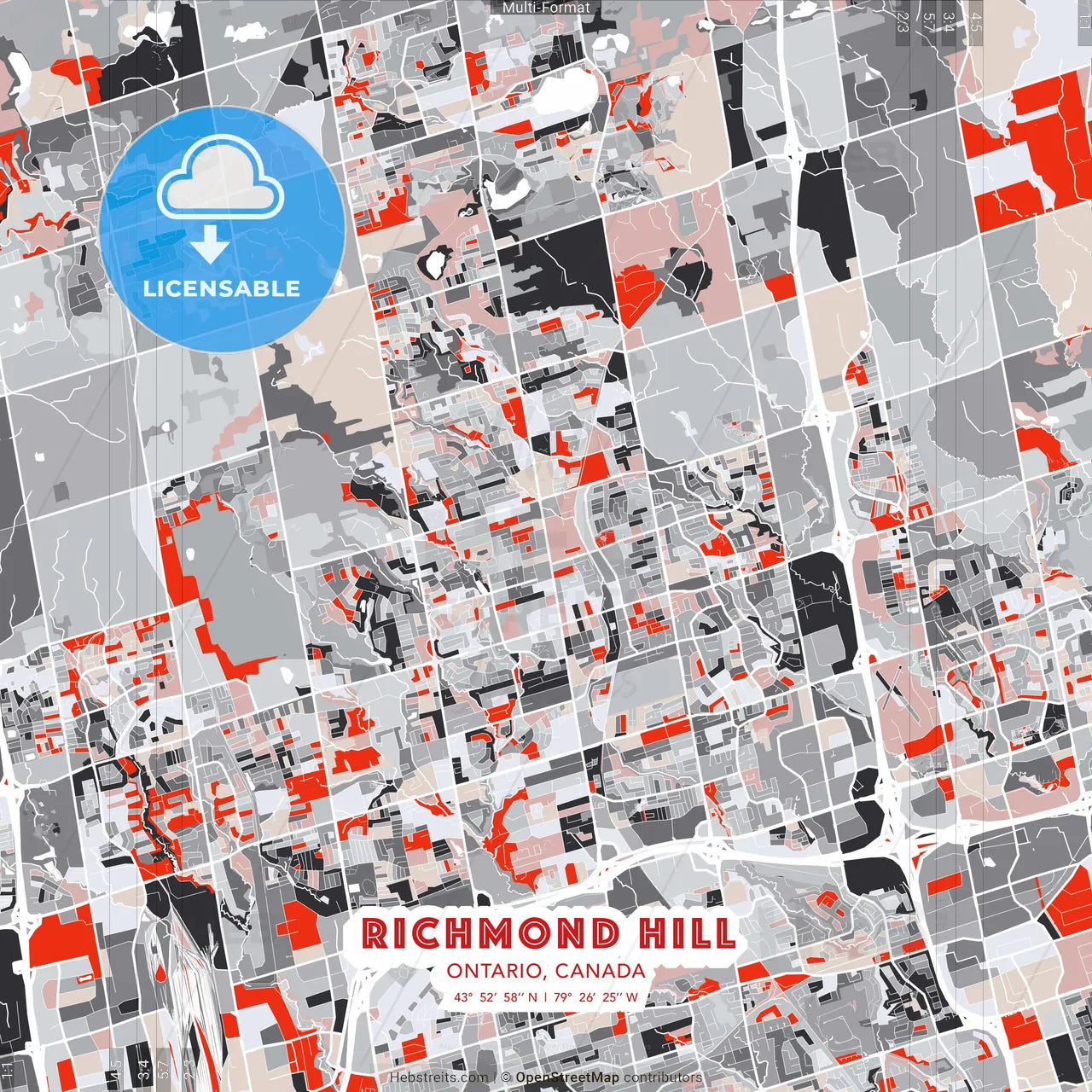 Richmond Hill, Ontario, Canada - modern street map poster template with gray and red tones