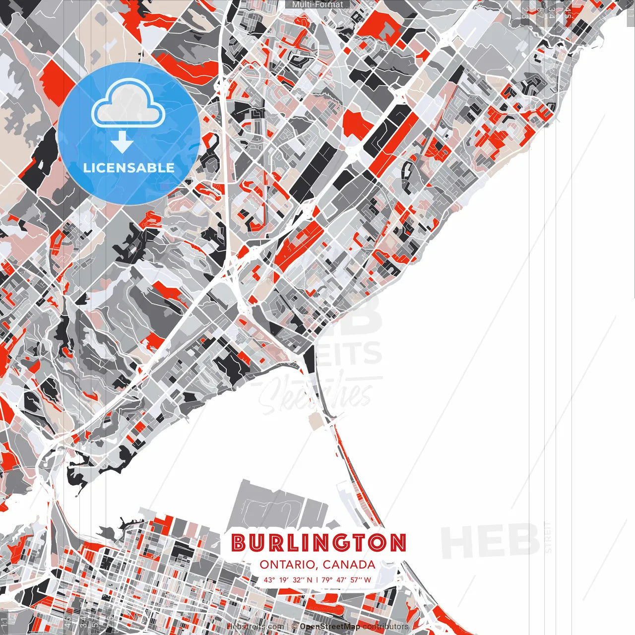 Burlington, Ontario, Canada - modern street map poster template with gray and red tones