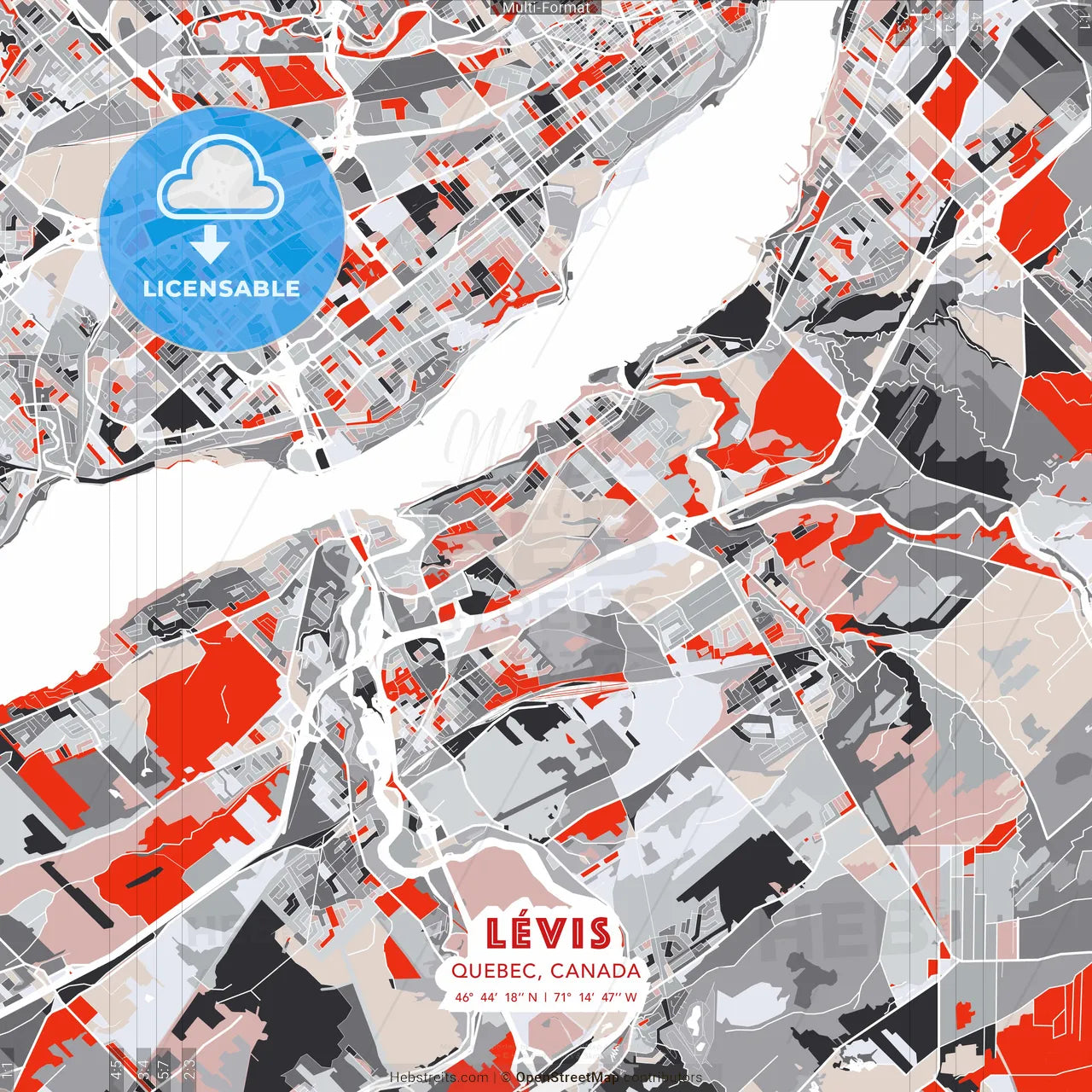 Lévis, Quebec, Canada - modern street map poster template with gray and red tones