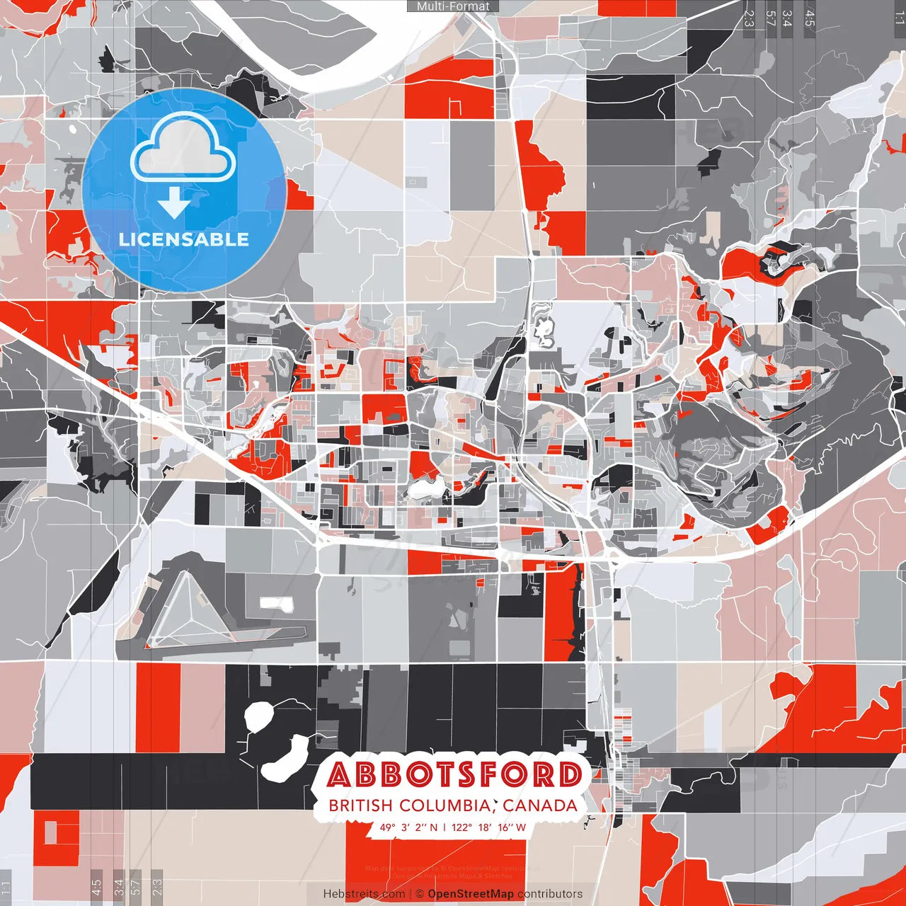Abbotsford, British Columbia, Canada - modern street map poster template with gray and red tones