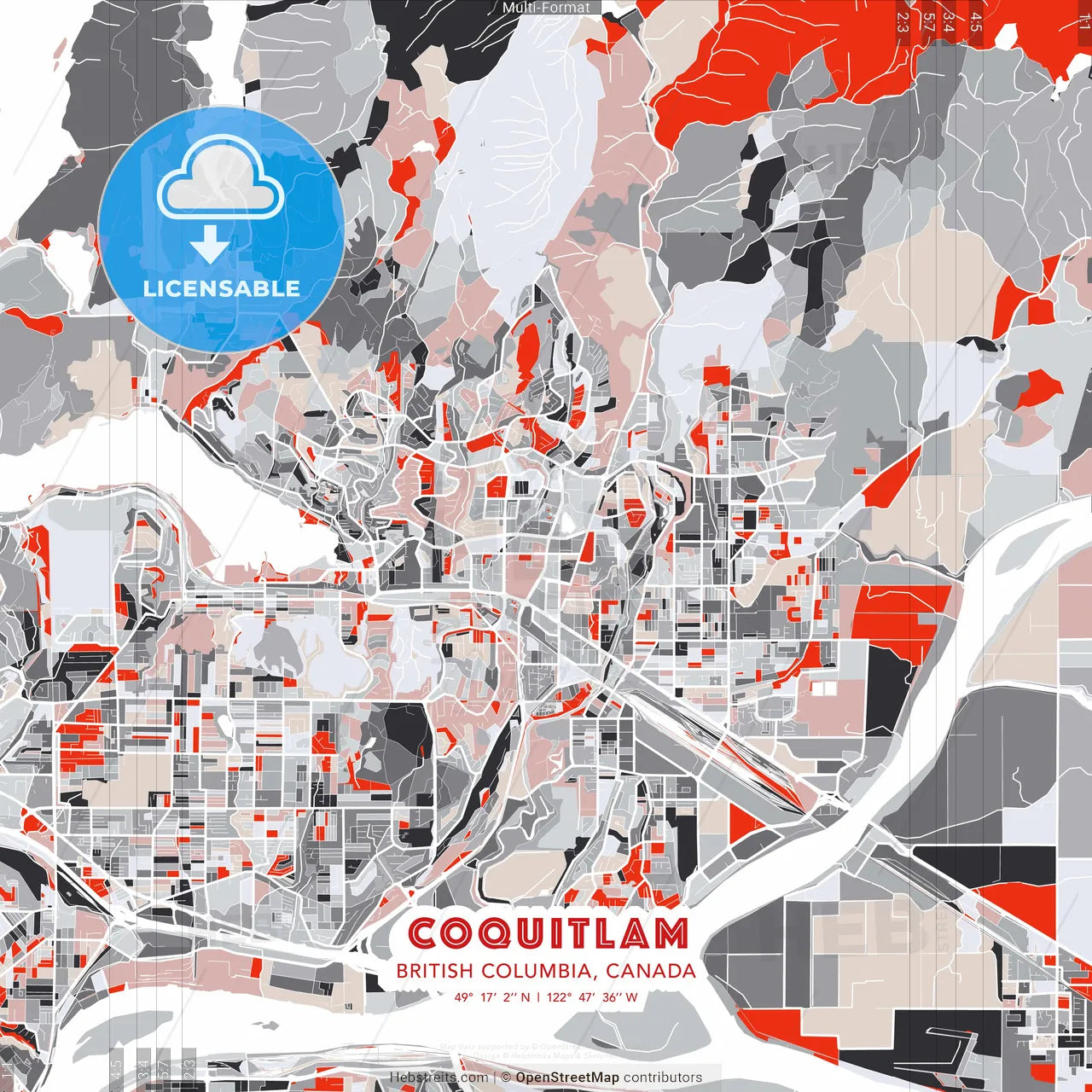 Coquitlam, British Columbia, Canada - modern street map poster template with gray and red tones