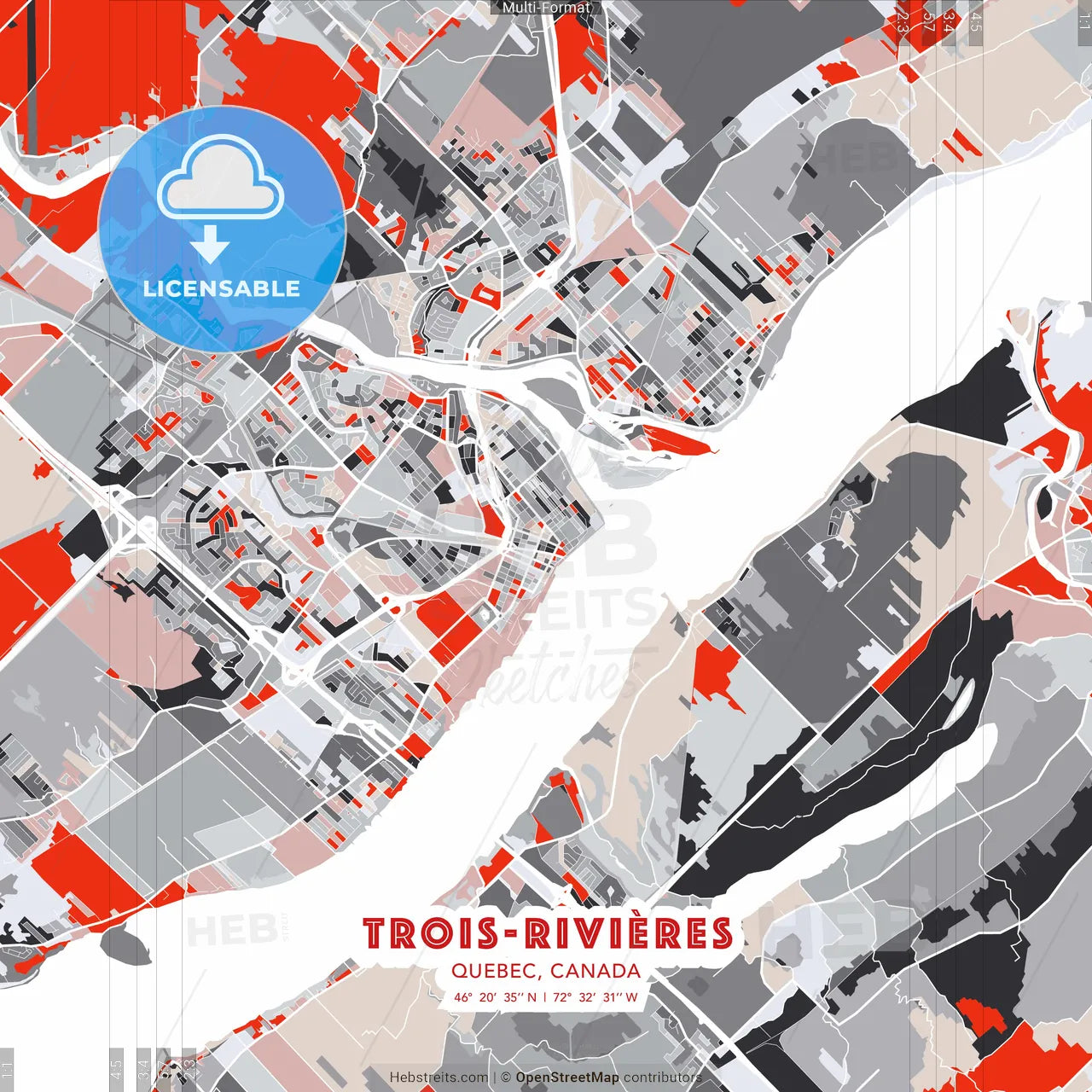 Trois-Rivières, Quebec, Canada - modern street map poster template with gray and red tones